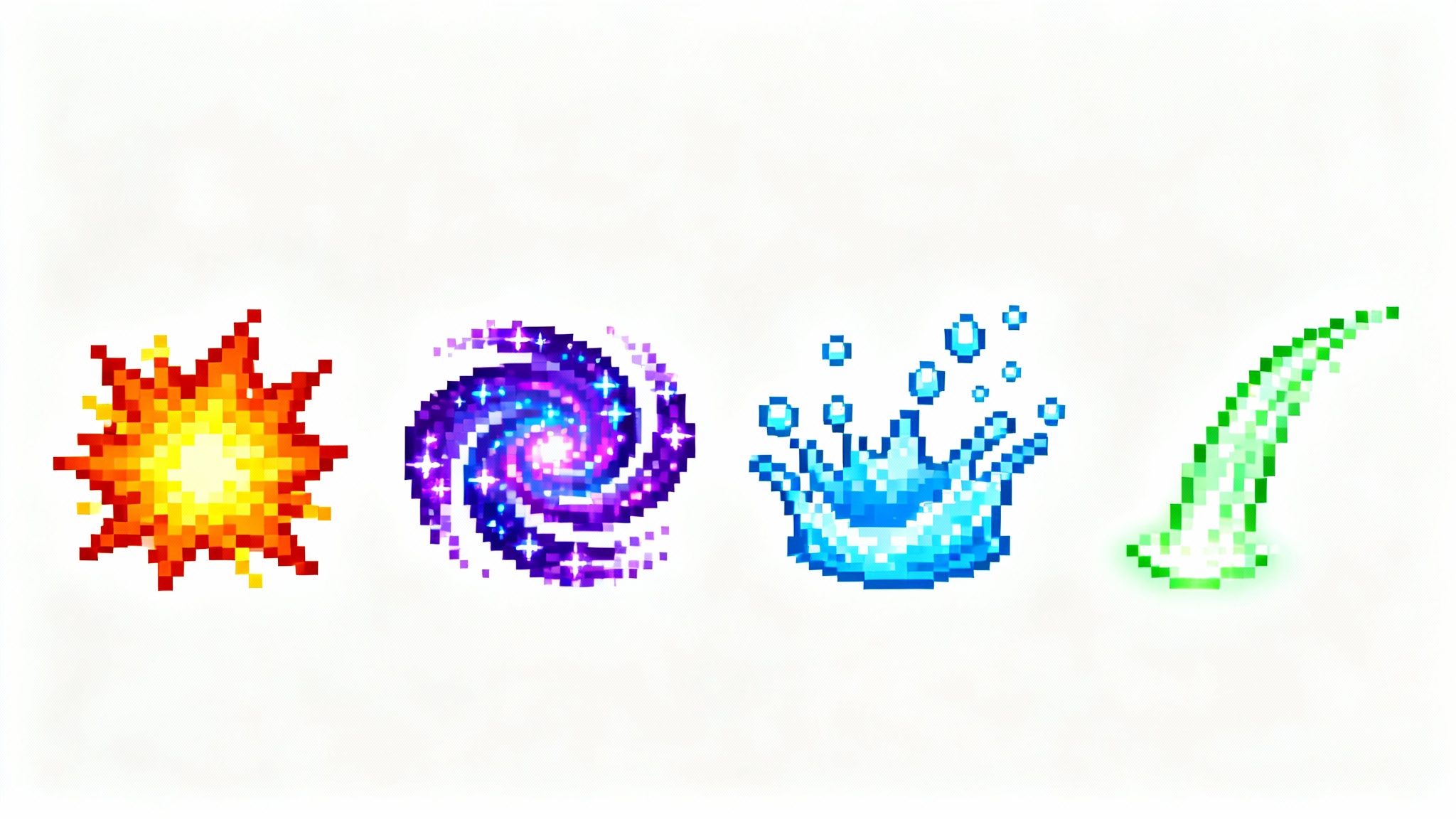 A showcase of four different pixel art particle effects against a white background, including an explosion, a magic spell, a water splash, and a healing effect.