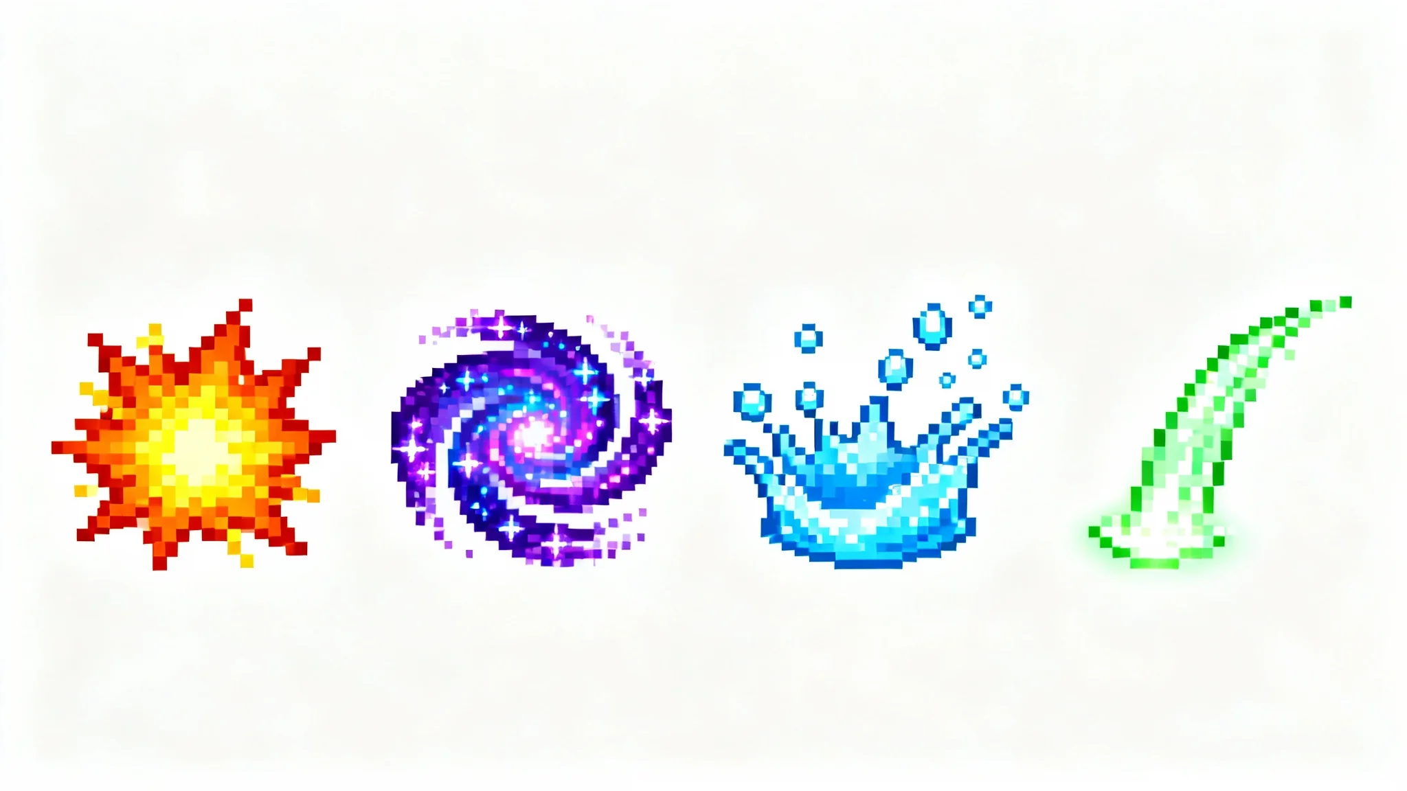 A showcase of four different pixel art particle effects against a white background, including an explosion, a magic spell, a water splash, and a healing effect.