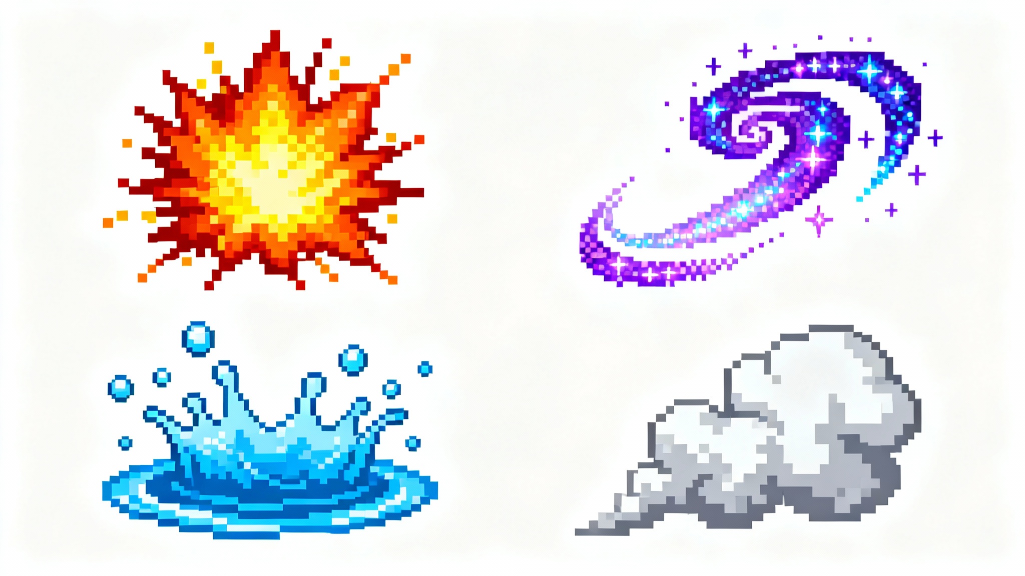 A collection of four vibrant pixel art particle effects on a white background, including a fiery explosion, a magical sparkle trail, a water splash, and a puff of smoke, showcasing a classic video game style.