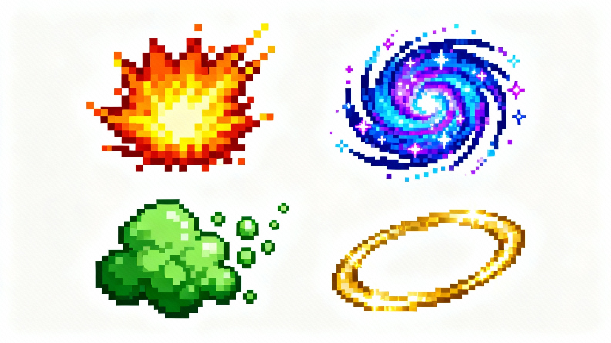 A collection of colorful 16-bit pixel art particle effects, including an explosion and a magical swirl, displayed against a clean white background.