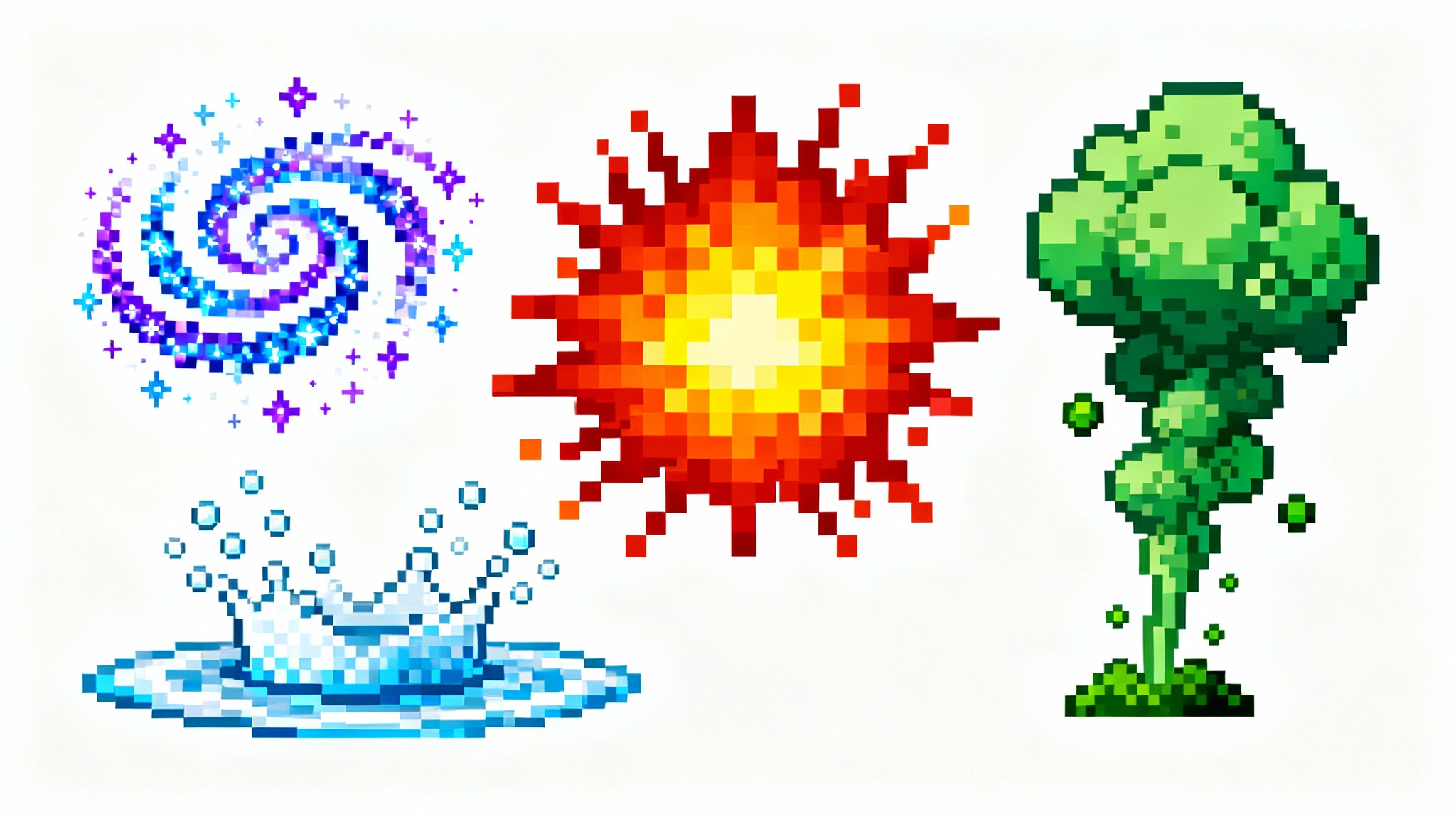 A mockup image displaying various pixel art particle effects, including a fiery explosion, a magical swirl, toxic smoke, and a water splash, all on a clean white background.