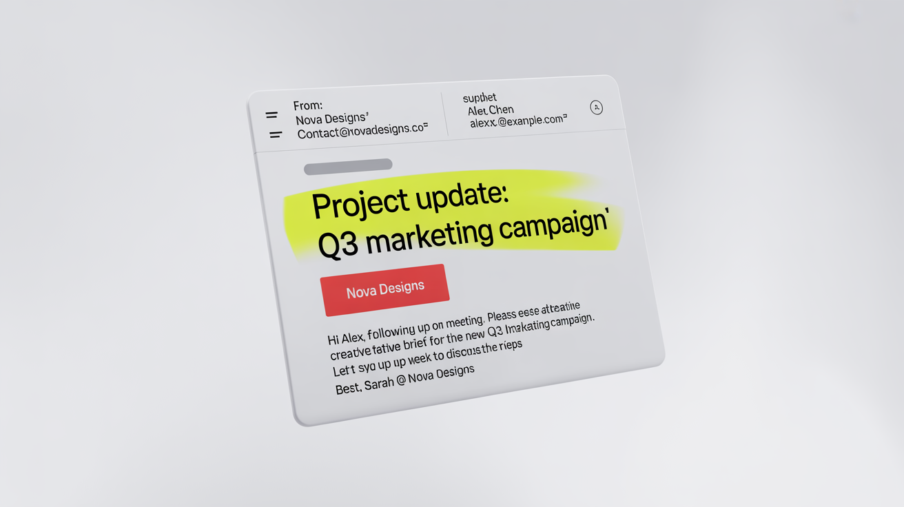 A mockup of a digital email screenshot being edited. The email, from 'Nova Designs', has its subject line highlighted in yellow and the sender's name boxed in red to illustrate the editing capabilities.