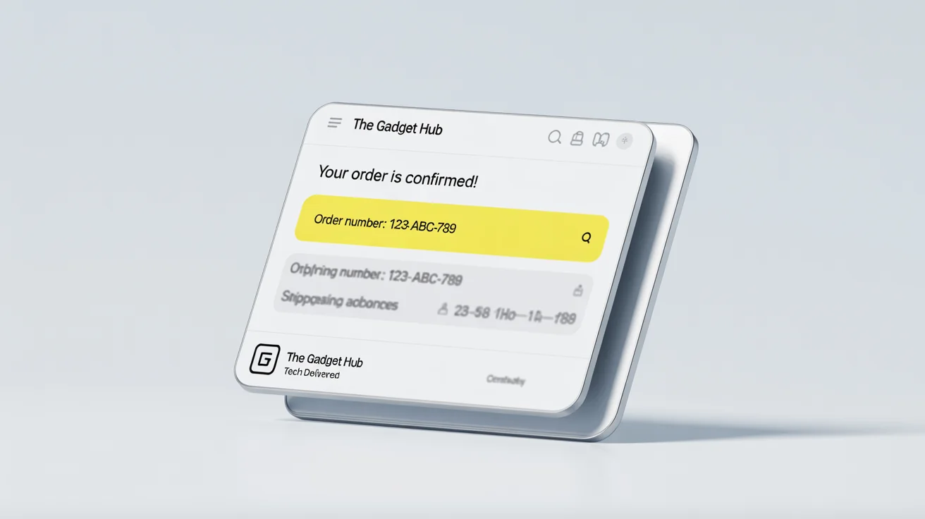 A mockup of an email screenshot for an order confirmation. The order number is highlighted in yellow, and the shipping address is blurred out, demonstrating an email editing feature.