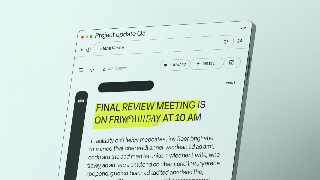 A mockup of a digital email shown at an angle, with a sentence highlighted in yellow and a section redacted with a black bar, illustrating the concept of editing an email screenshot.