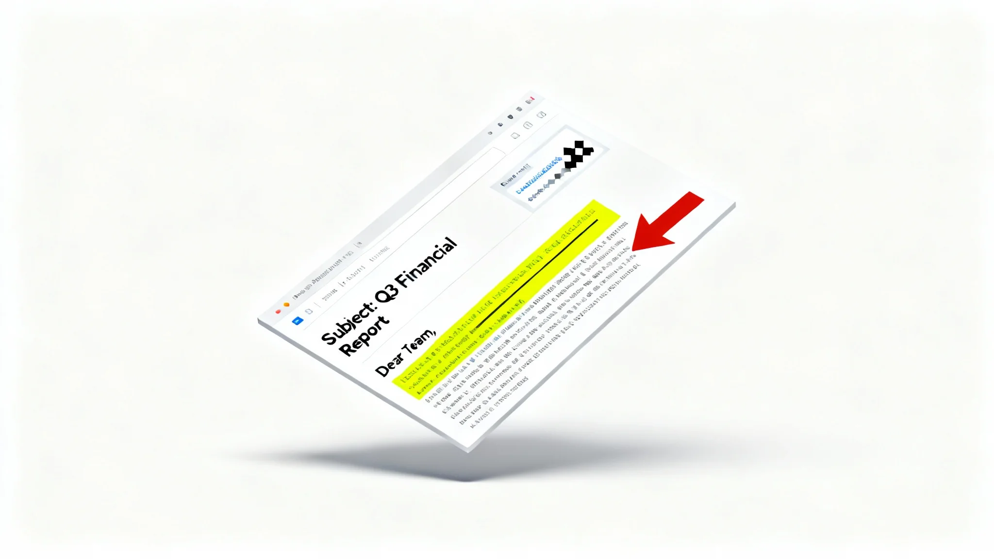 A mockup of an email screenshot being edited, showing a yellow highlight, a pixelated section for privacy, and a red arrow pointing to a detail, all on a clean white background.