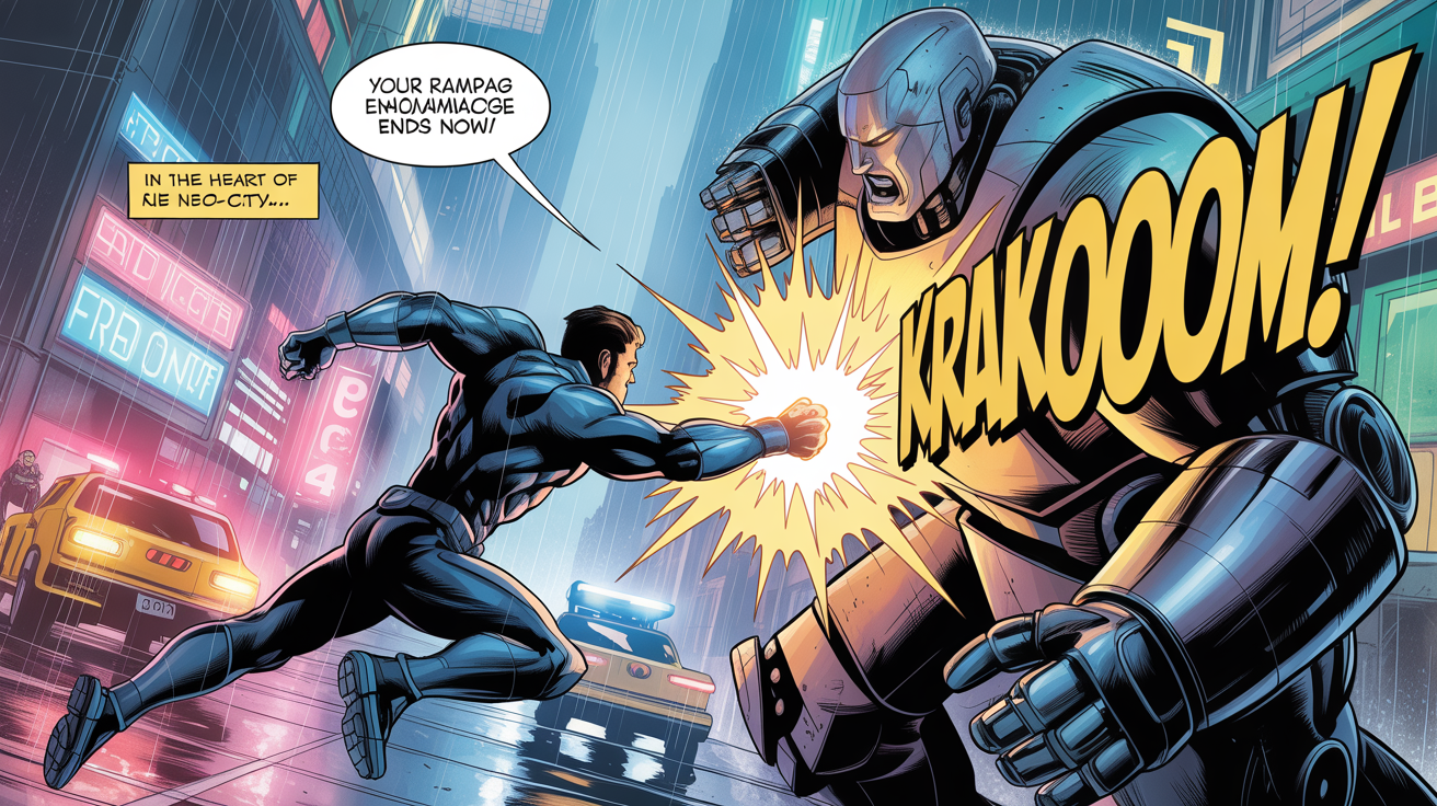 A finished comic book page showing a superhero fighting a robot in a futuristic city, with professionally added dialogue bubbles, a 'KRAKOOM!' sound effect, and narration.