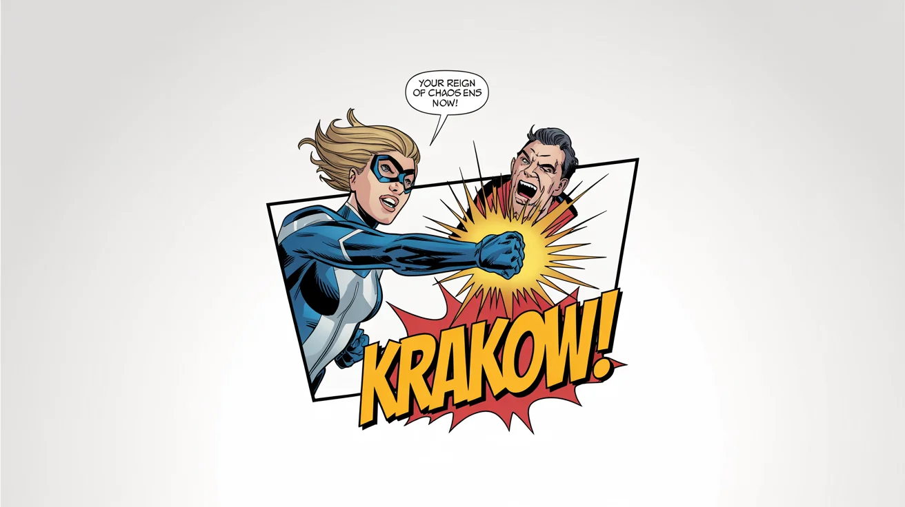 A vibrant comic book panel showing a superhero punching a villain. A large 'KRAKOW!' sound effect and a speech bubble that reads 'Your reign of chaos ends now!' are prominently displayed.