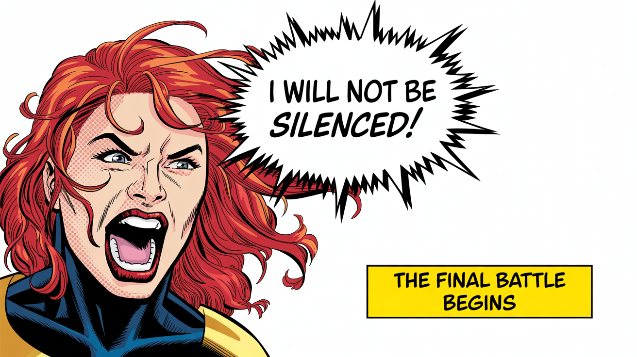 A comic book panel mockup against a white background, showing a superheroine shouting 'I WILL NOT BE SILENCED!' from a speech bubble, illustrating the feature of adding text to comics.