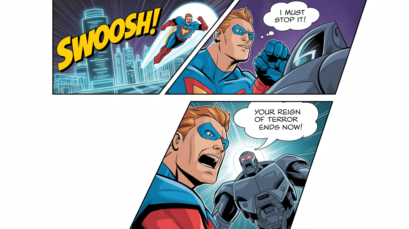 A three-panel comic strip demonstrating the addition of text, featuring a superhero fighting a robot with speech bubbles and sound effects like 'SWOOOSH!'.