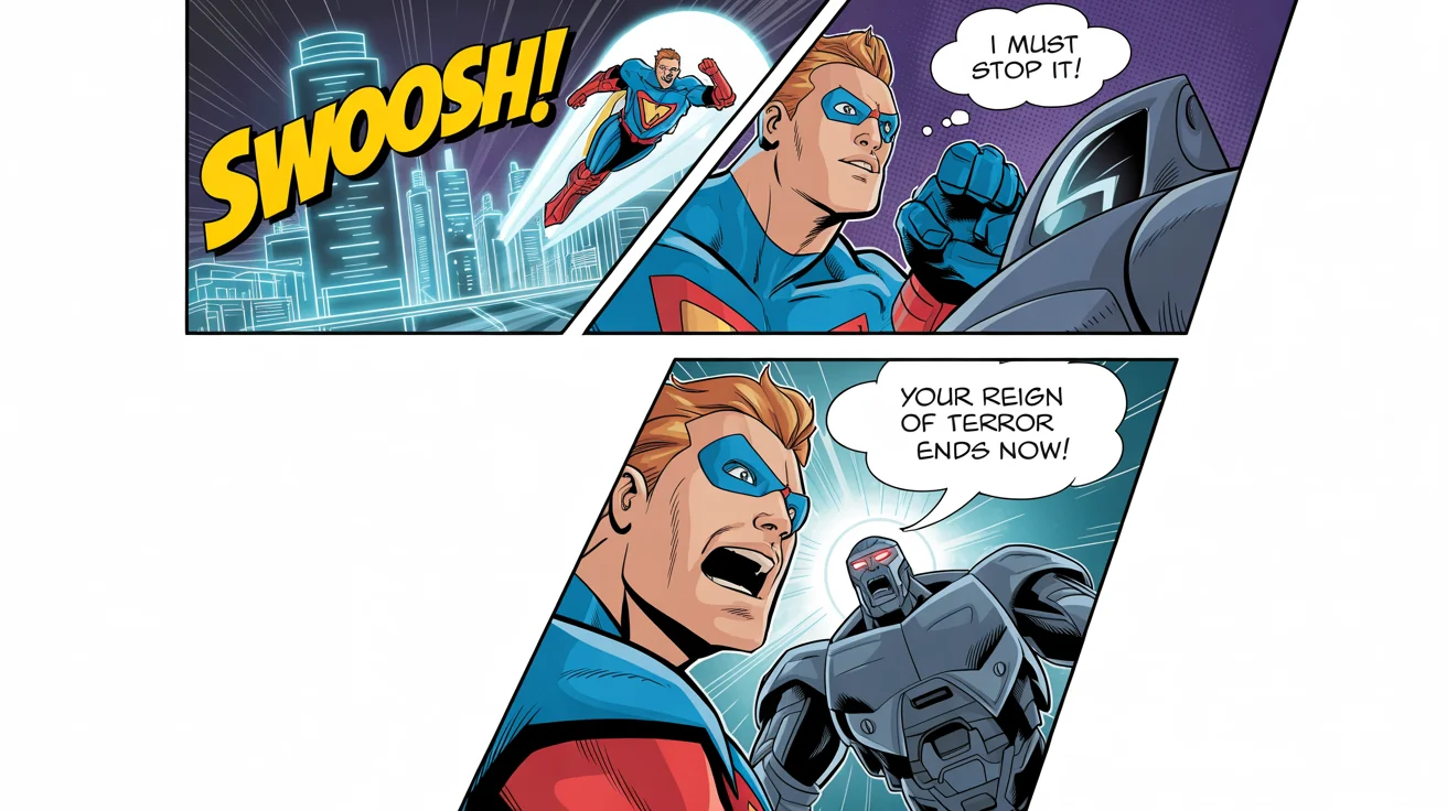A three-panel comic strip demonstrating the addition of text, featuring a superhero fighting a robot with speech bubbles and sound effects like 'SWOOOSH!'.