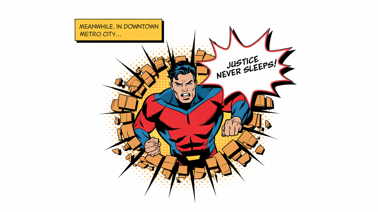 A mockup of a single comic book panel showing a superhero bursting through a brick wall. He yells 'Justice never sleeps!' from a speech bubble, and a caption box reads 'Meanwhile, in downtown Metro City...'.