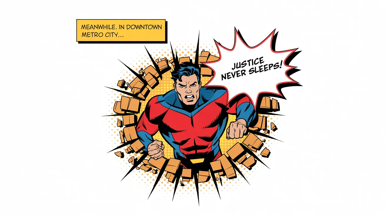 A mockup of a single comic book panel showing a superhero bursting through a brick wall. He yells 'Justice never sleeps!' from a speech bubble, and a caption box reads 'Meanwhile, in downtown Metro City...'.