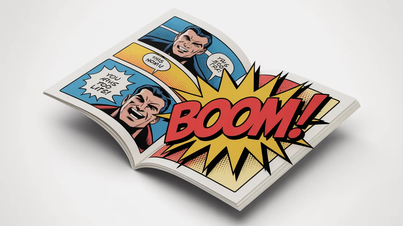 A high-quality comic book page featuring a superhero and a villain, with clear speech bubbles containing dialogue like 'This ends now!' and a large 'BOOM!' sound effect, representing the use case of adding text to comics.