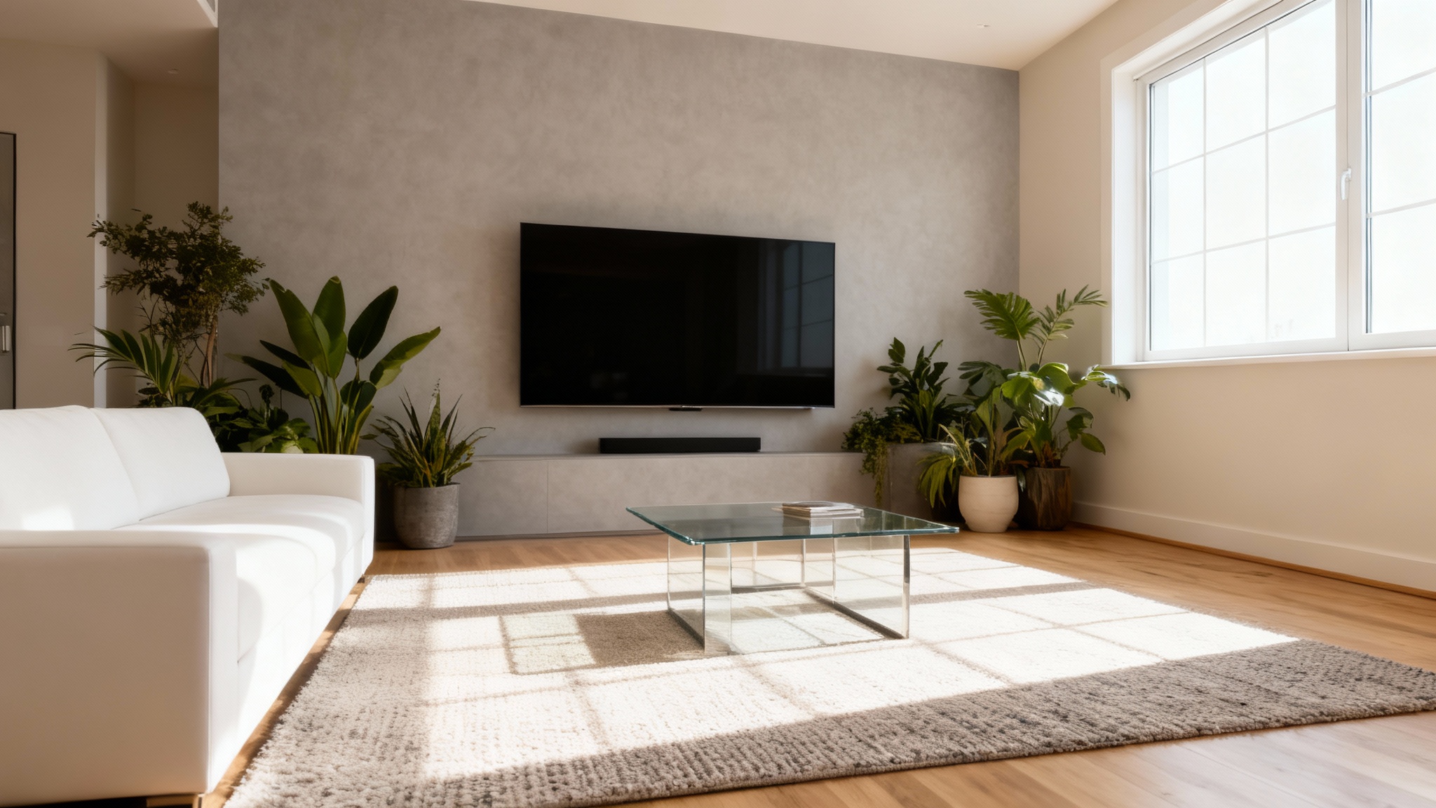 A photorealistic image of a beautifully designed modern living room with a white sofa, glass coffee table, and gray accent wall, showcasing the final result created with a room planner tool.