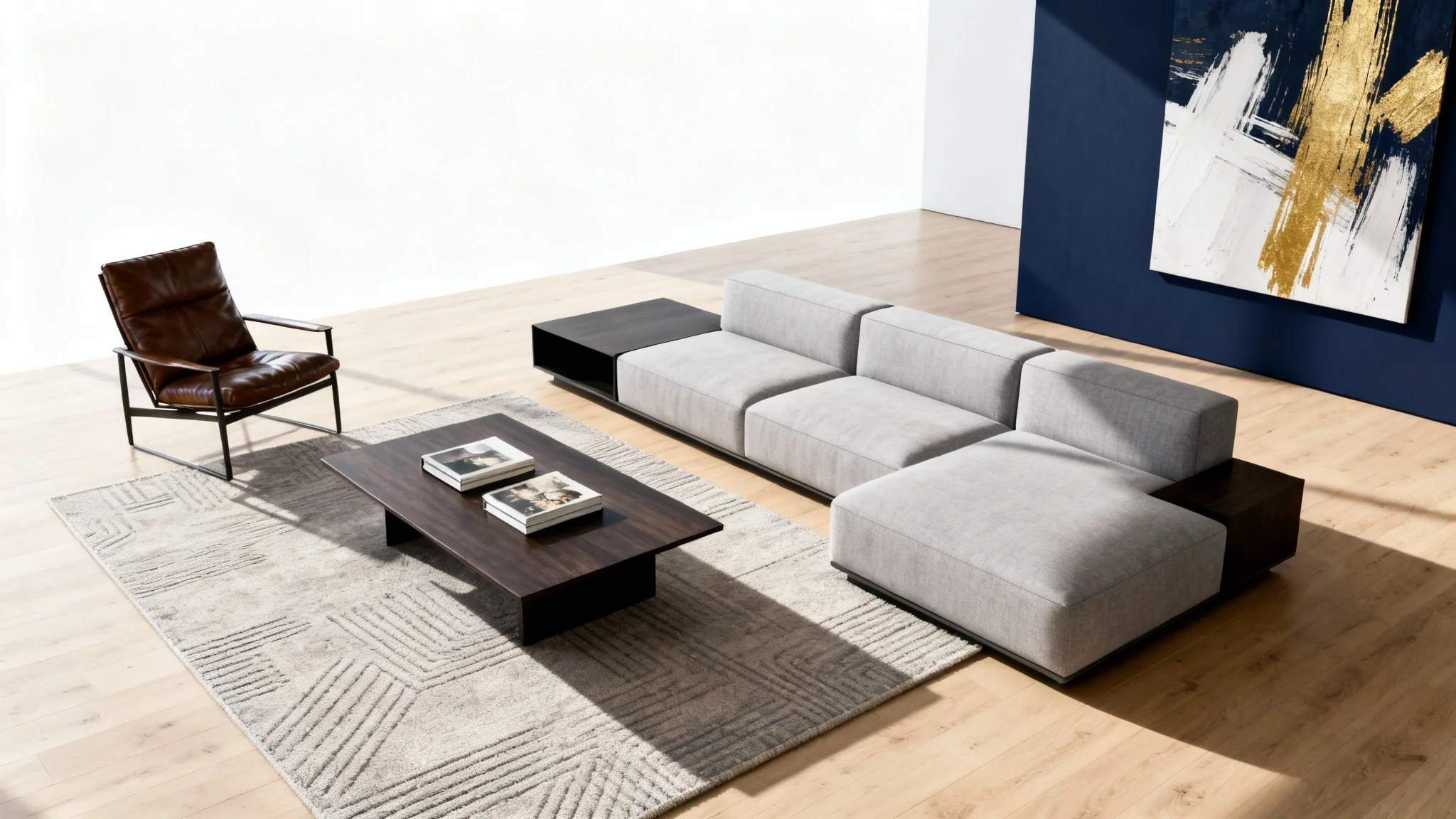 A photorealistic 3D render of a modern, well-designed living room with a grey sofa and navy accent wall, showcased as a mockup on a white background.