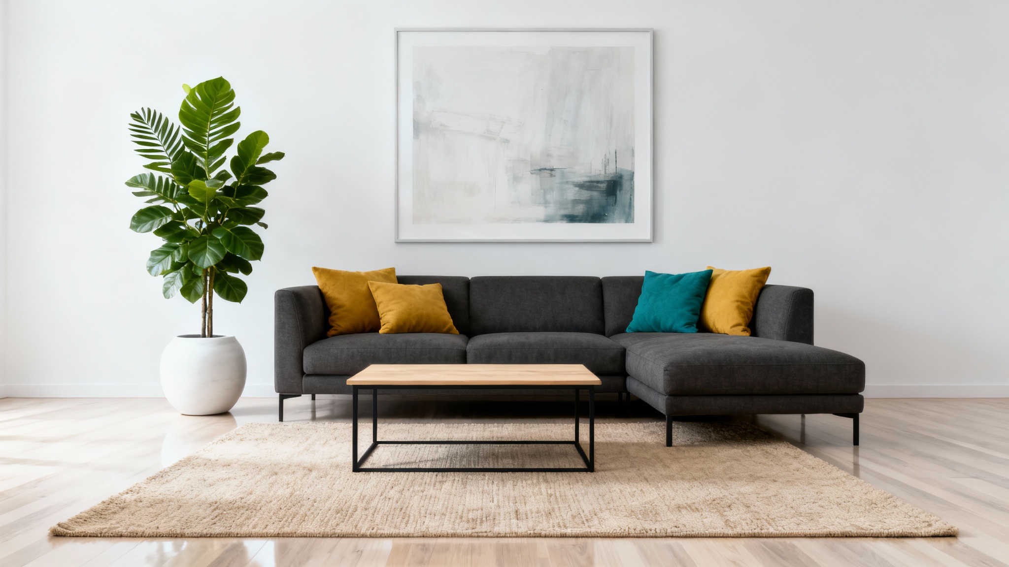 A photorealistic mockup of a perfectly arranged modern living room, featuring a grey sofa, a minimalist coffee table, a large houseplant, and abstract art, all set against a clean white background.