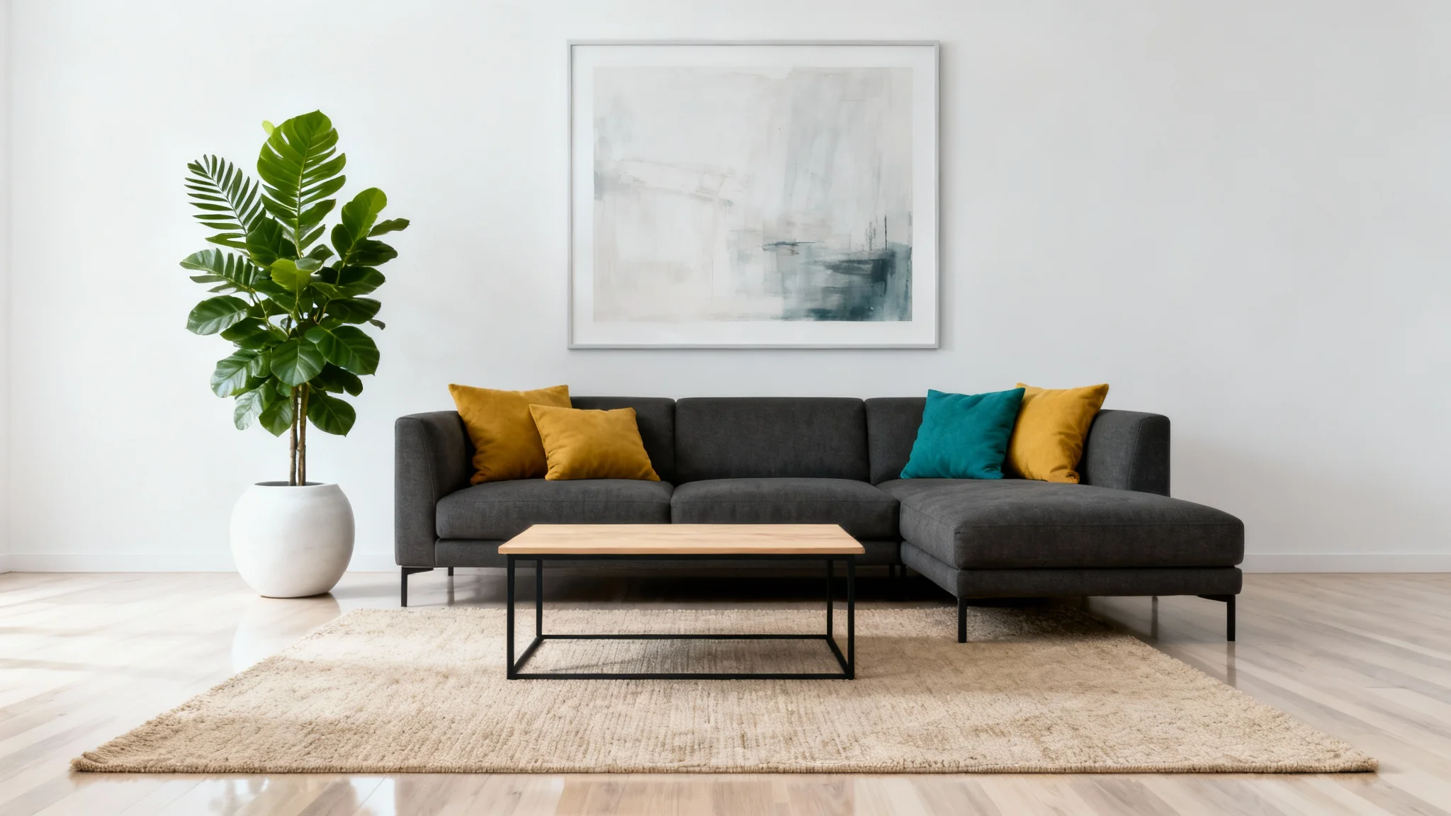 A photorealistic mockup of a perfectly arranged modern living room, featuring a grey sofa, a minimalist coffee table, a large houseplant, and abstract art, all set against a clean white background.