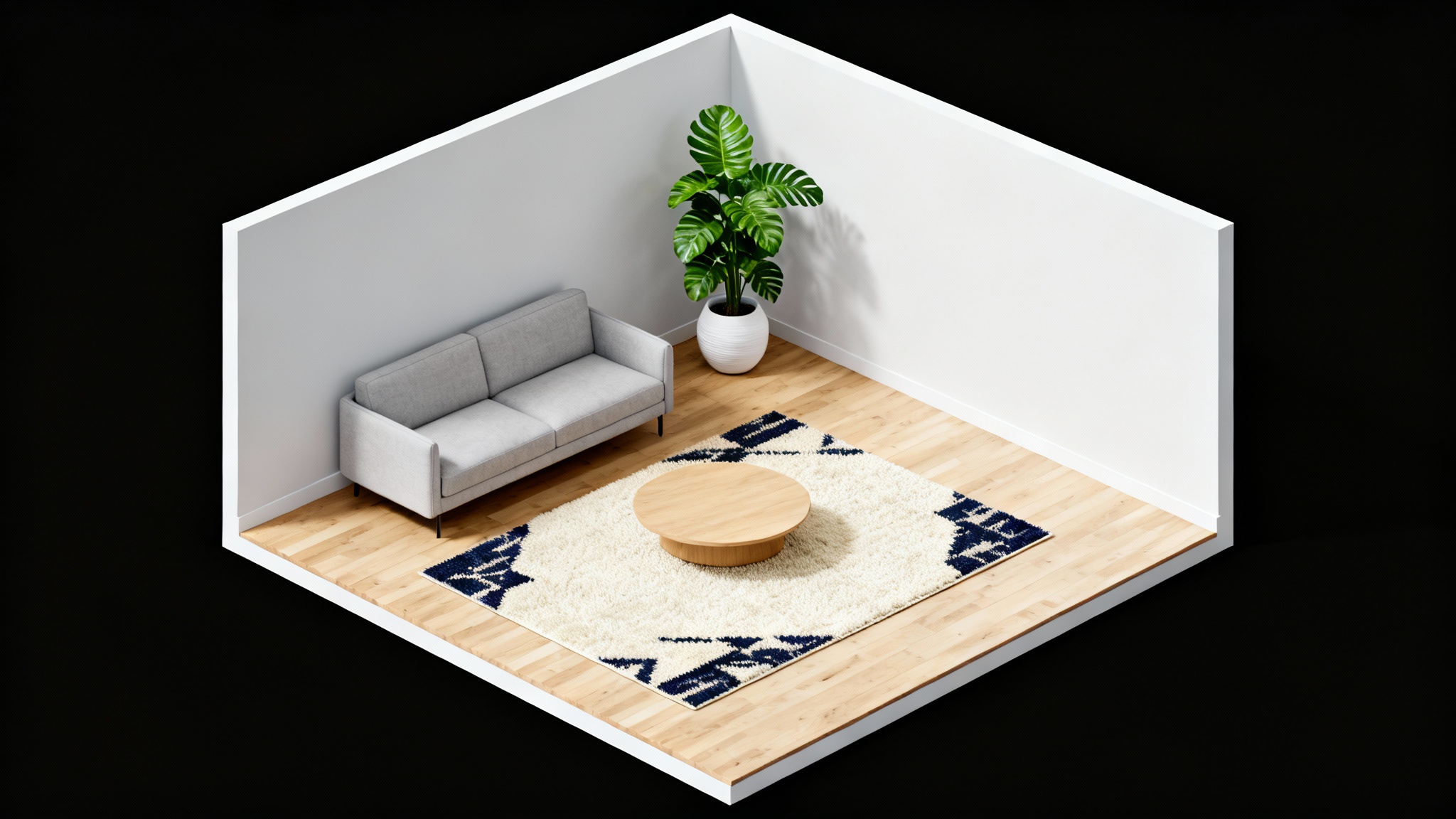 An isometric 3D view of a modern living room being planned, featuring a stylish gray sofa, a wooden coffee table, and a large plant on a light wood floor, all set against a stark white background.