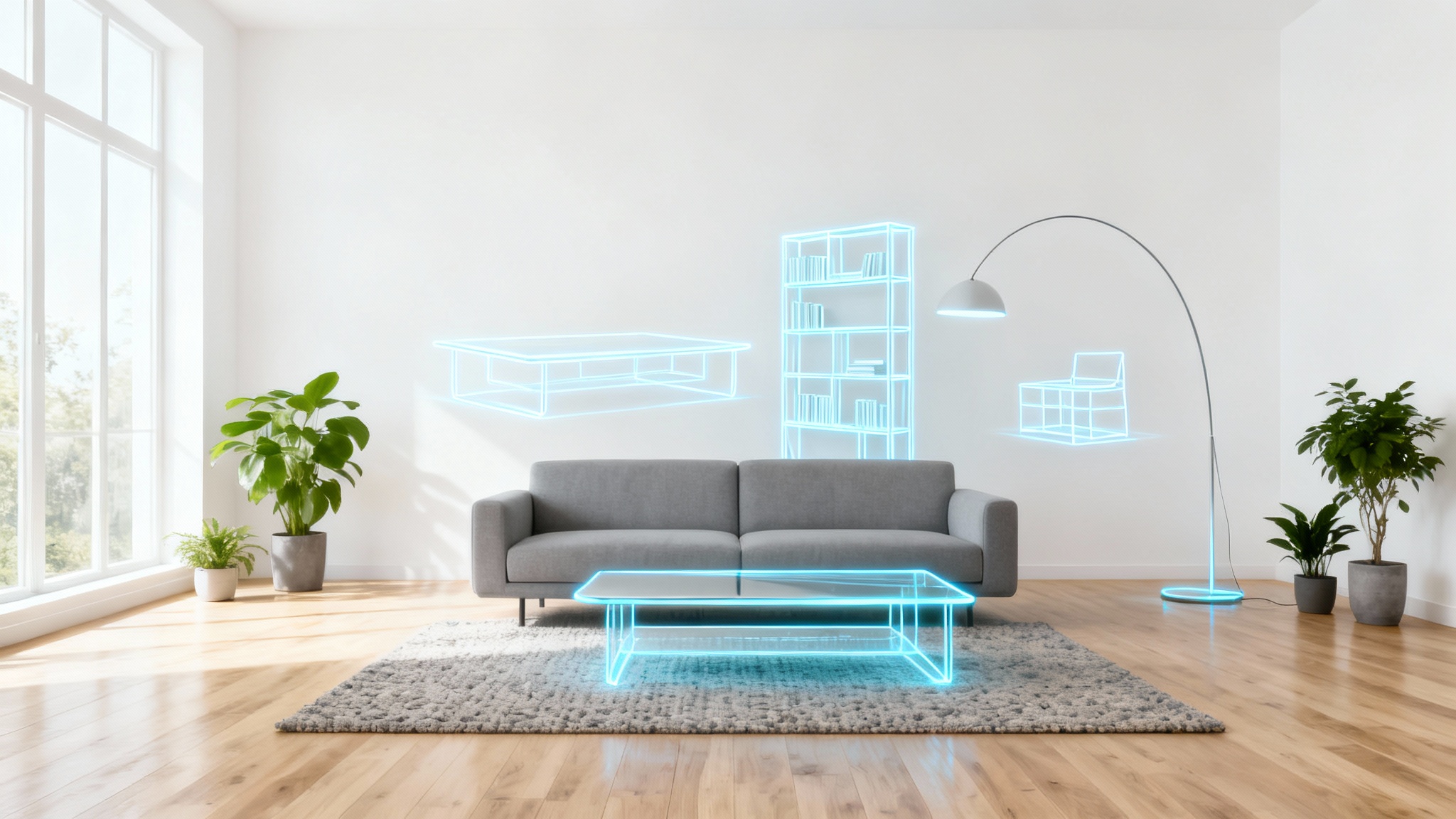 A modern living room with a grey sofa, where holographic outlines of a coffee table and bookshelf show a room being planned using a room planner tool.
