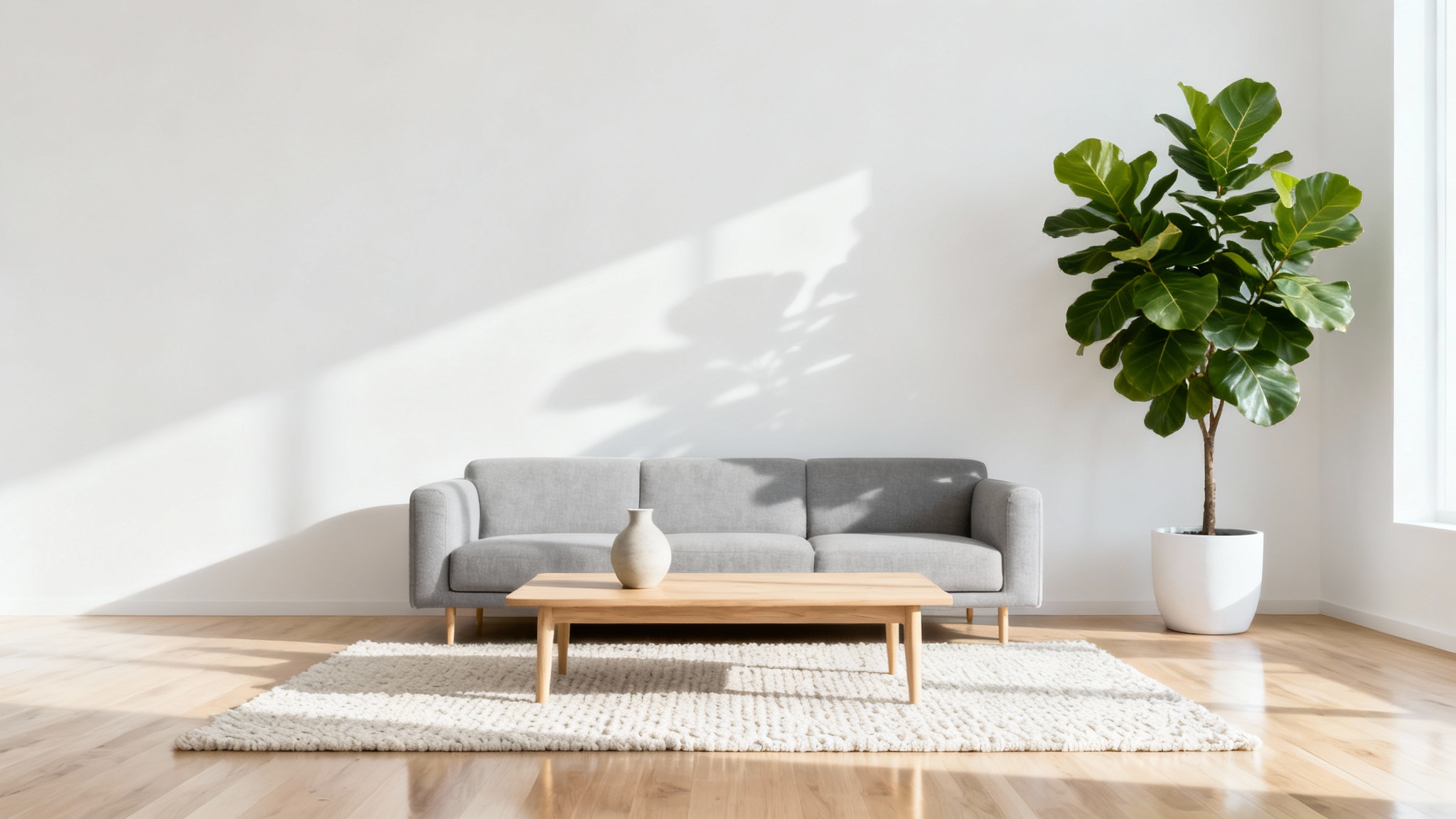 A photorealistic mockup of a perfectly arranged modern living room with minimalist furniture, a large plant, and bright natural light, shown against a plain white background.