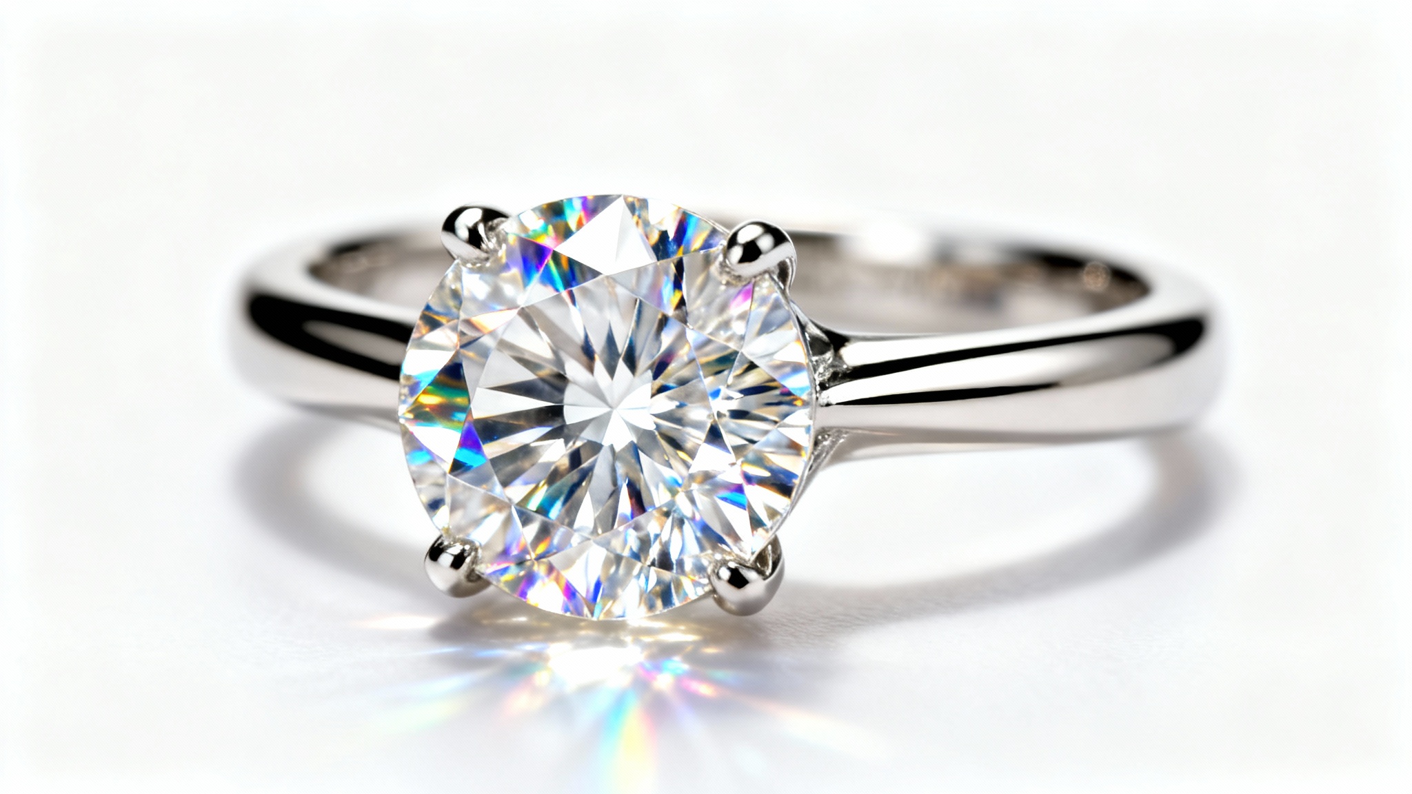 An extreme close-up, macro photograph of a platinum diamond engagement ring, with the large central diamond in sharp focus against a clean white background, highlighting its intricate facets and sparkle.