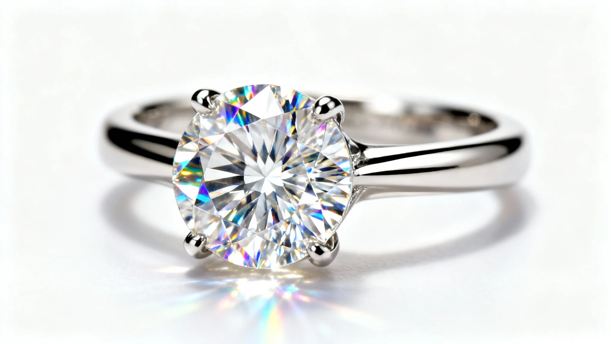 An extreme close-up, macro photograph of a platinum diamond engagement ring, with the large central diamond in sharp focus against a clean white background, highlighting its intricate facets and sparkle.
