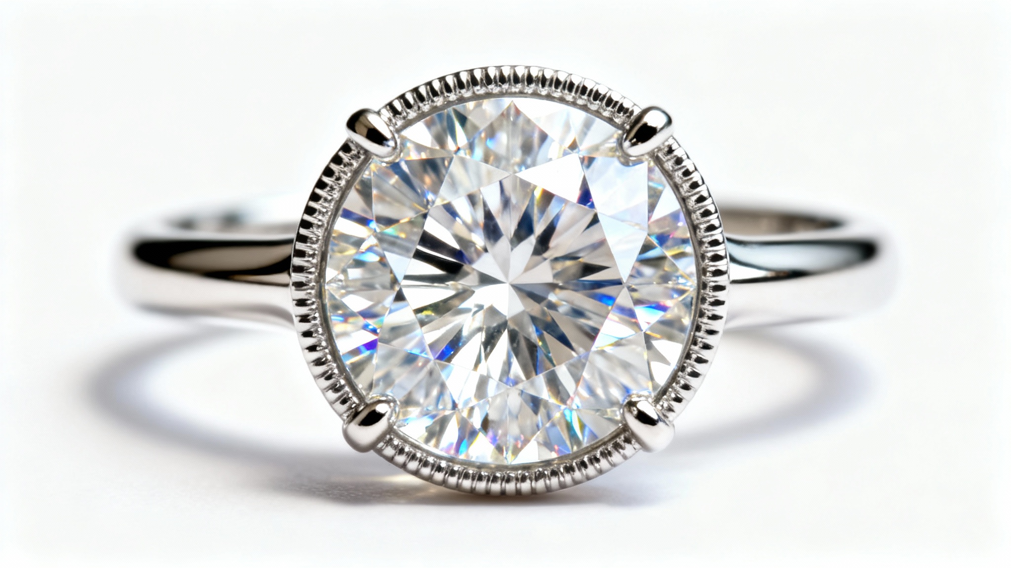 A macro photograph of a diamond engagement ring, with a sharp focus on the brilliant-cut diamond and its intricate facets, set on a polished platinum band against a clean white background.