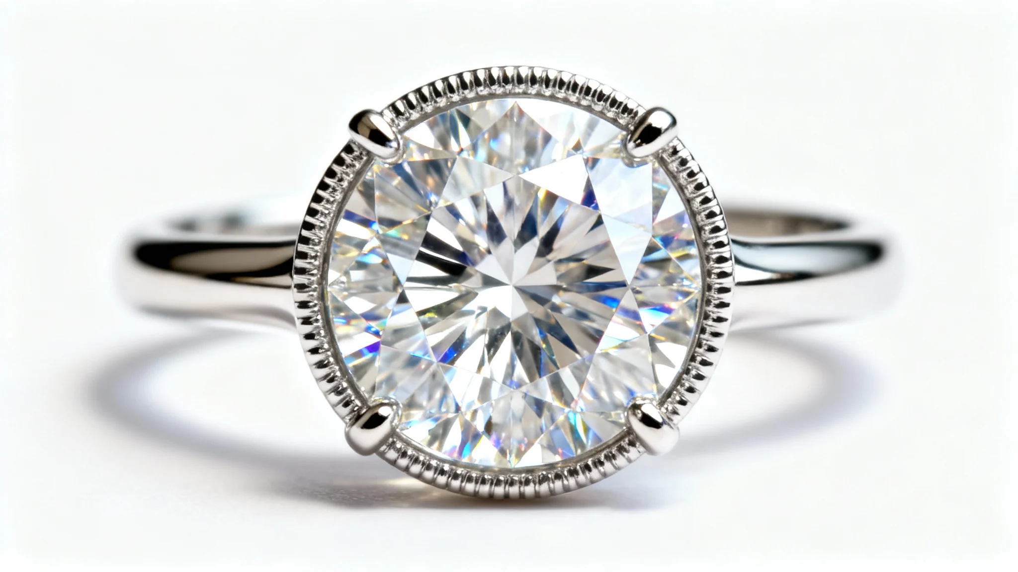 A macro photograph of a diamond engagement ring, with a sharp focus on the brilliant-cut diamond and its intricate facets, set on a polished platinum band against a clean white background.