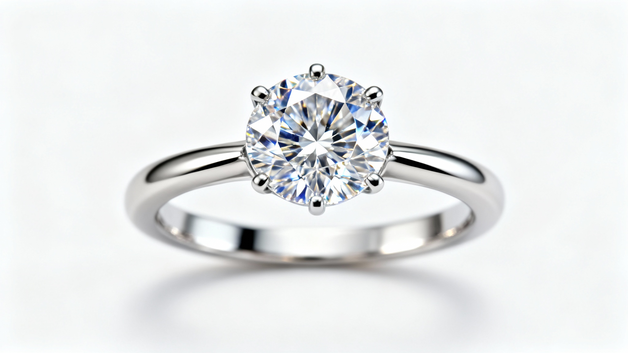 An extreme close-up macro shot of a diamond engagement ring, highlighting the flawless facets and intense sparkle of the stone against a pure white background.