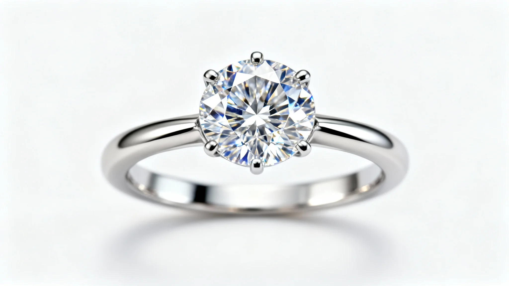 An extreme close-up macro shot of a diamond engagement ring, highlighting the flawless facets and intense sparkle of the stone against a pure white background.