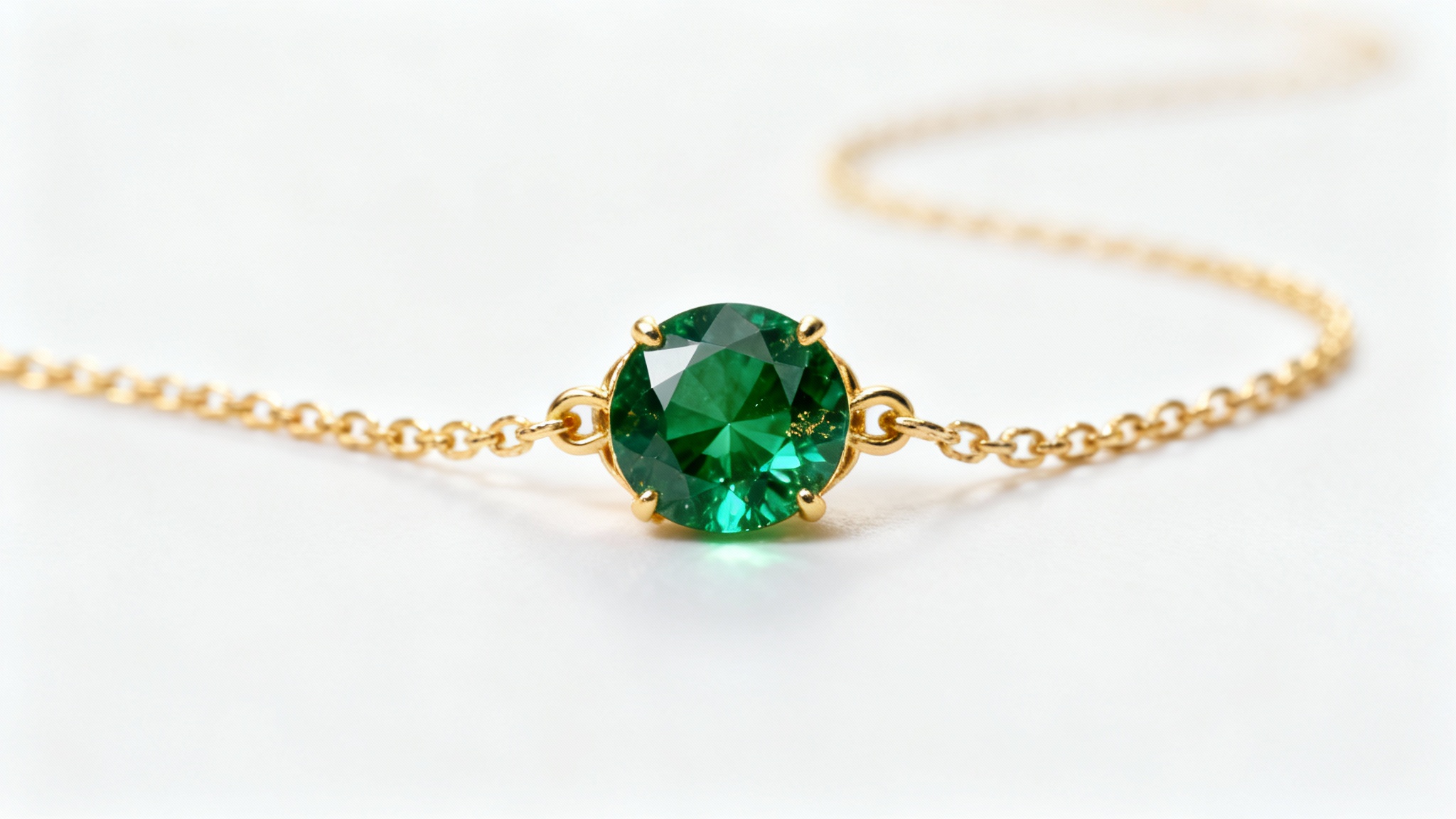 An extreme close-up macro photograph of a luxurious gold necklace with a central emerald gemstone, set against a pristine white background, highlighting the intricate details and craftsmanship.