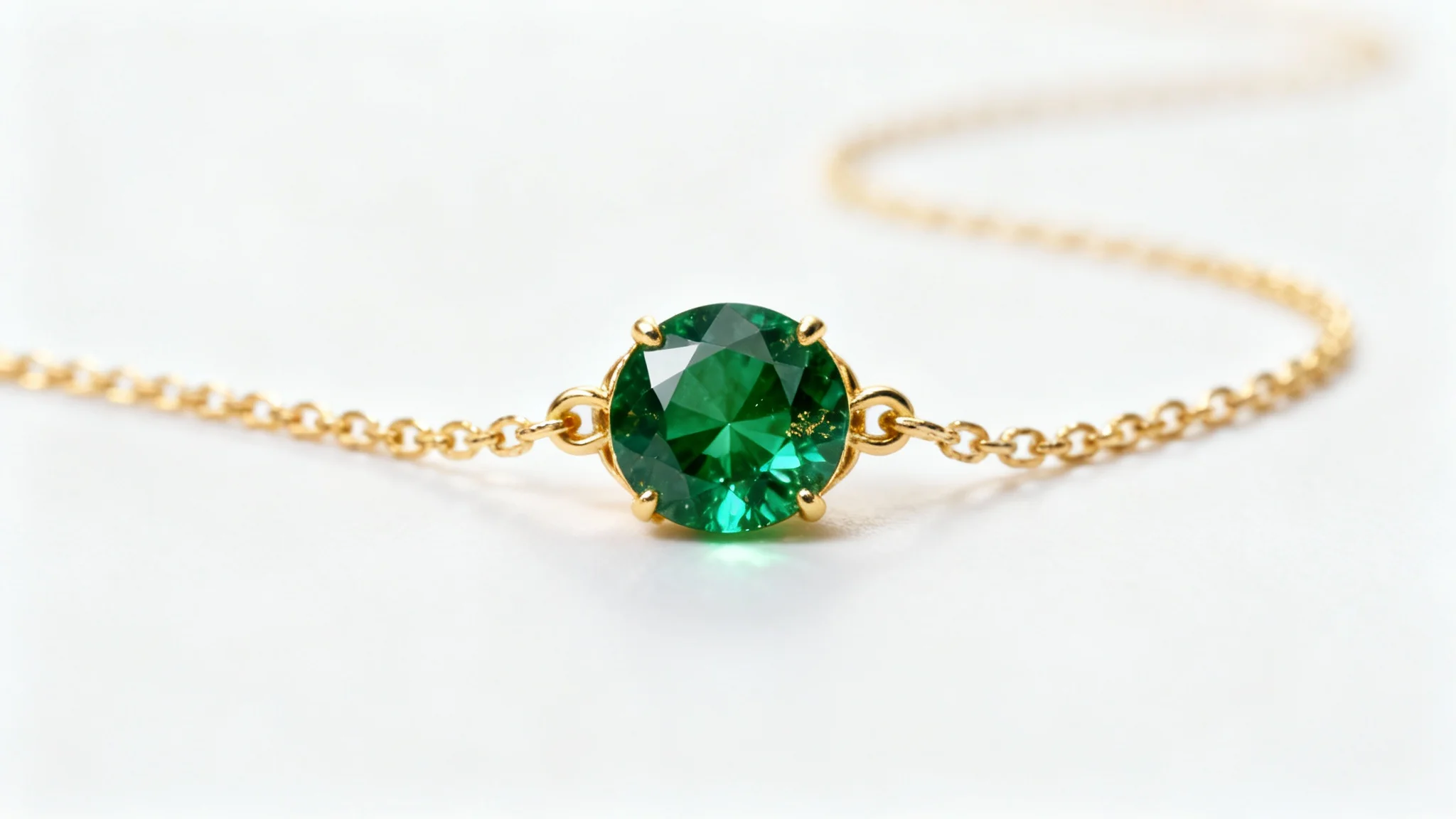 An extreme close-up macro photograph of a luxurious gold necklace with a central emerald gemstone, set against a pristine white background, highlighting the intricate details and craftsmanship.