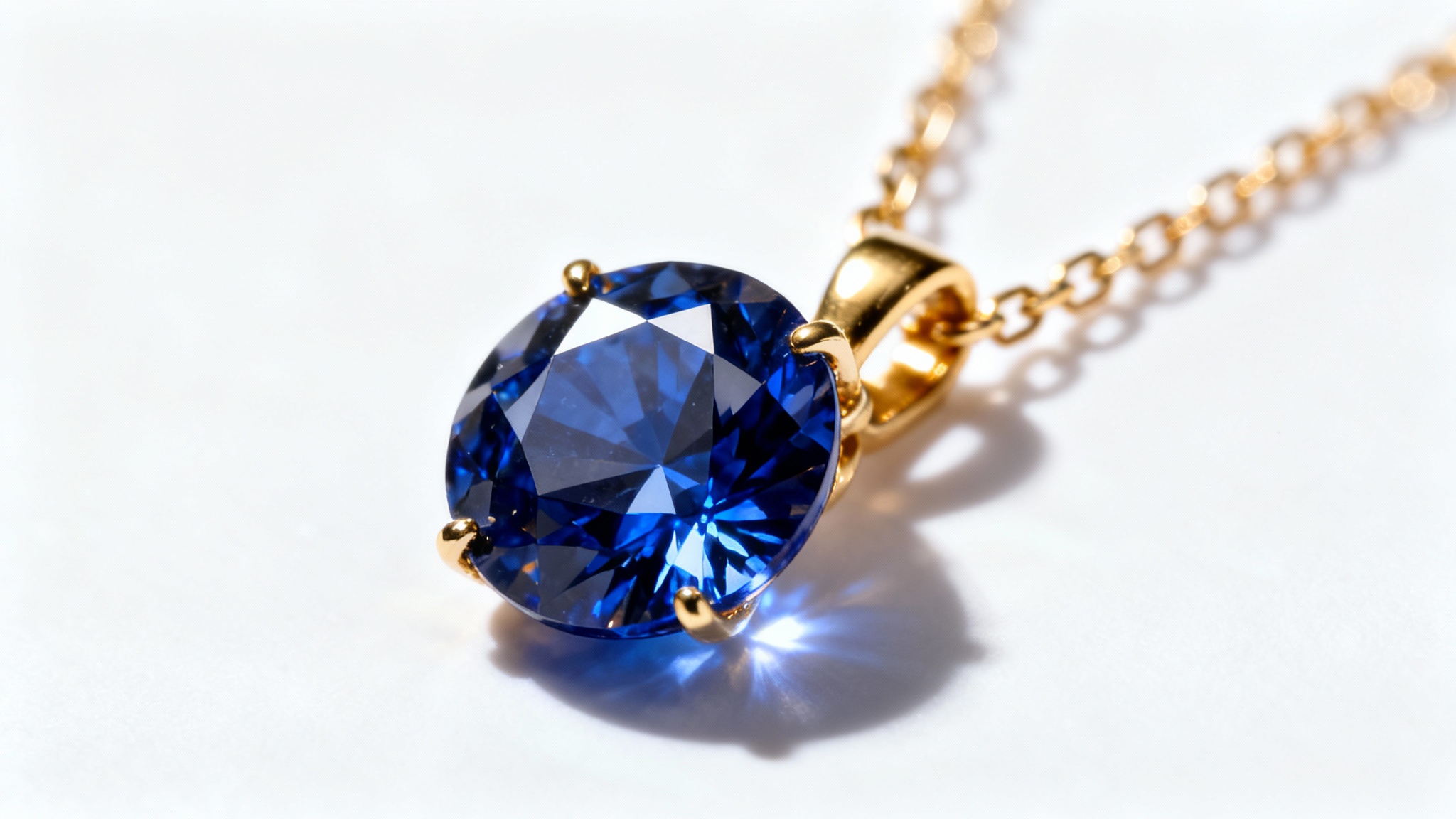 A close-up macro photograph of a gold and sapphire necklace, highlighting the sparkling facets of the gemstone against a clean white background.