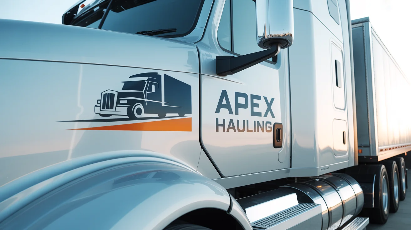 A professionally designed logo for 'Apex Hauling' trucking company, featuring a blue and silver stylized truck icon with an orange accent, mocked up on the side of a modern truck.