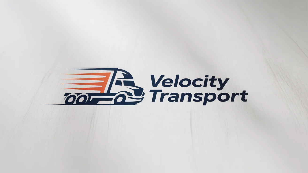A modern logo for a trucking company called 'Velocity Transport', featuring a stylized blue and orange truck icon on a clean white background.