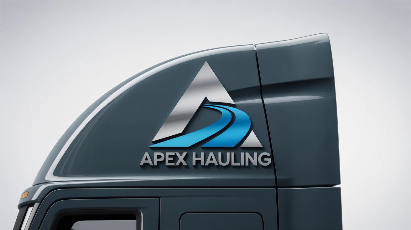 A modern logo for a trucking company called 'Apex Hauling' mocked up on the side of a dark grey semi-truck against a white background.