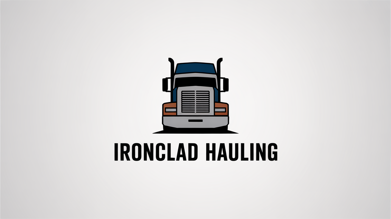 A modern logo for a trucking company, 'IRONCLAD HAULING', featuring a stylized truck grill in navy blue and silver, displayed on a clean white background.