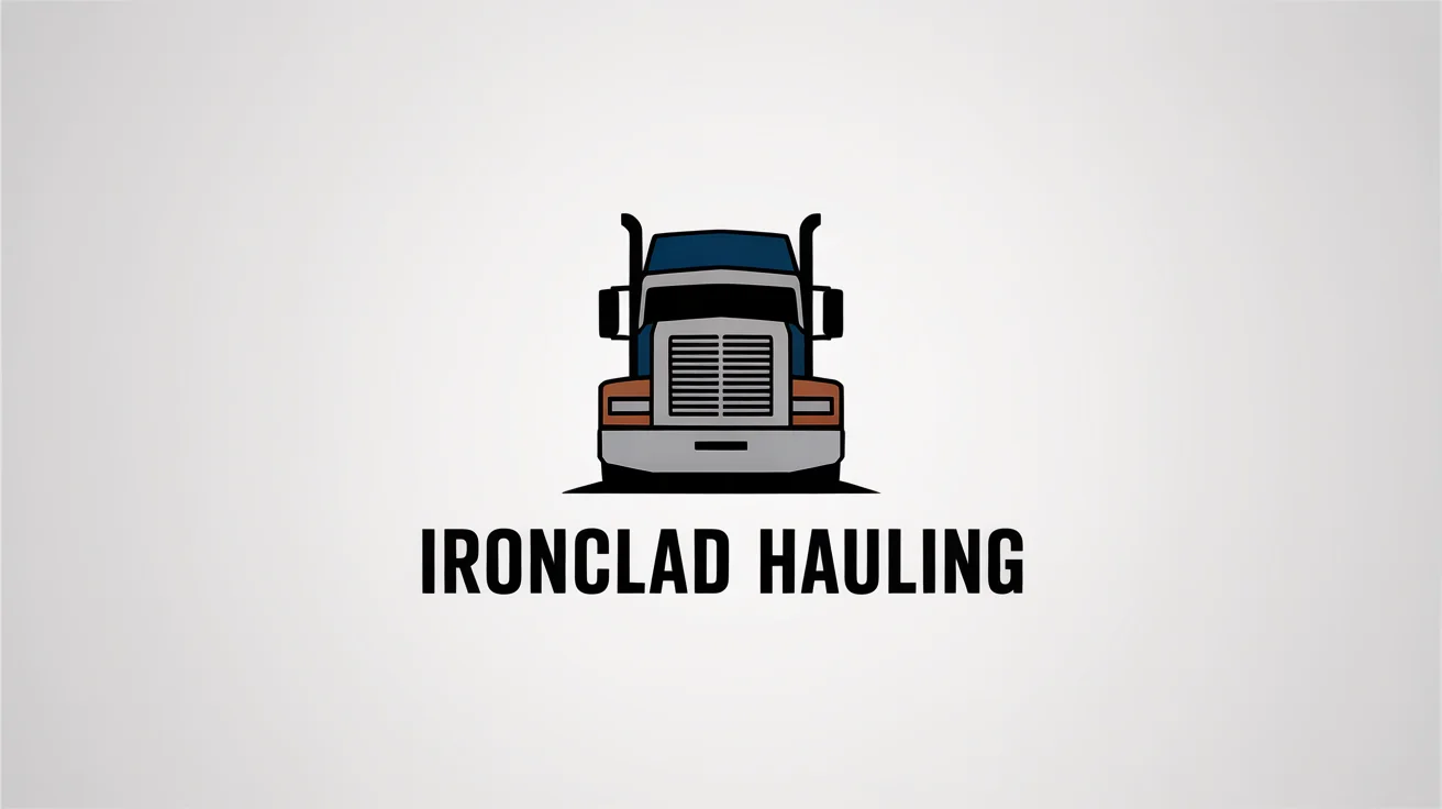A modern logo for a trucking company, 'IRONCLAD HAULING', featuring a stylized truck grill in navy blue and silver, displayed on a clean white background.