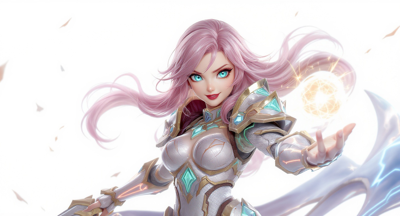A stylized 3D render of a female fantasy character with glowing pink hair and intricate armor, holding a ball of light, set against a plain white background.