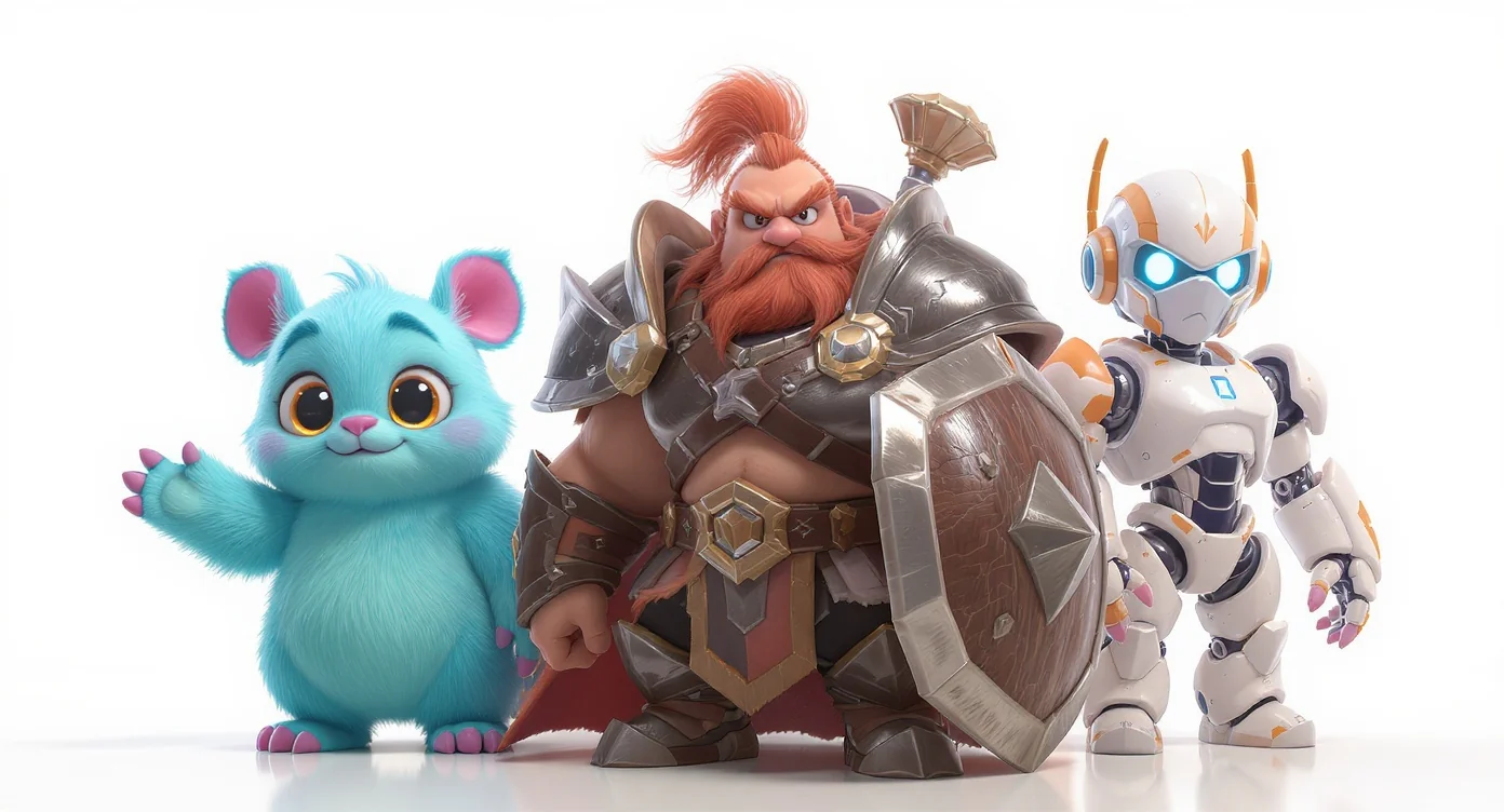 A lineup of three diverse 3D characters: a fantasy warrior in steel armor, a cute blue cartoon creature, and a futuristic android, all displayed against a clean white background.