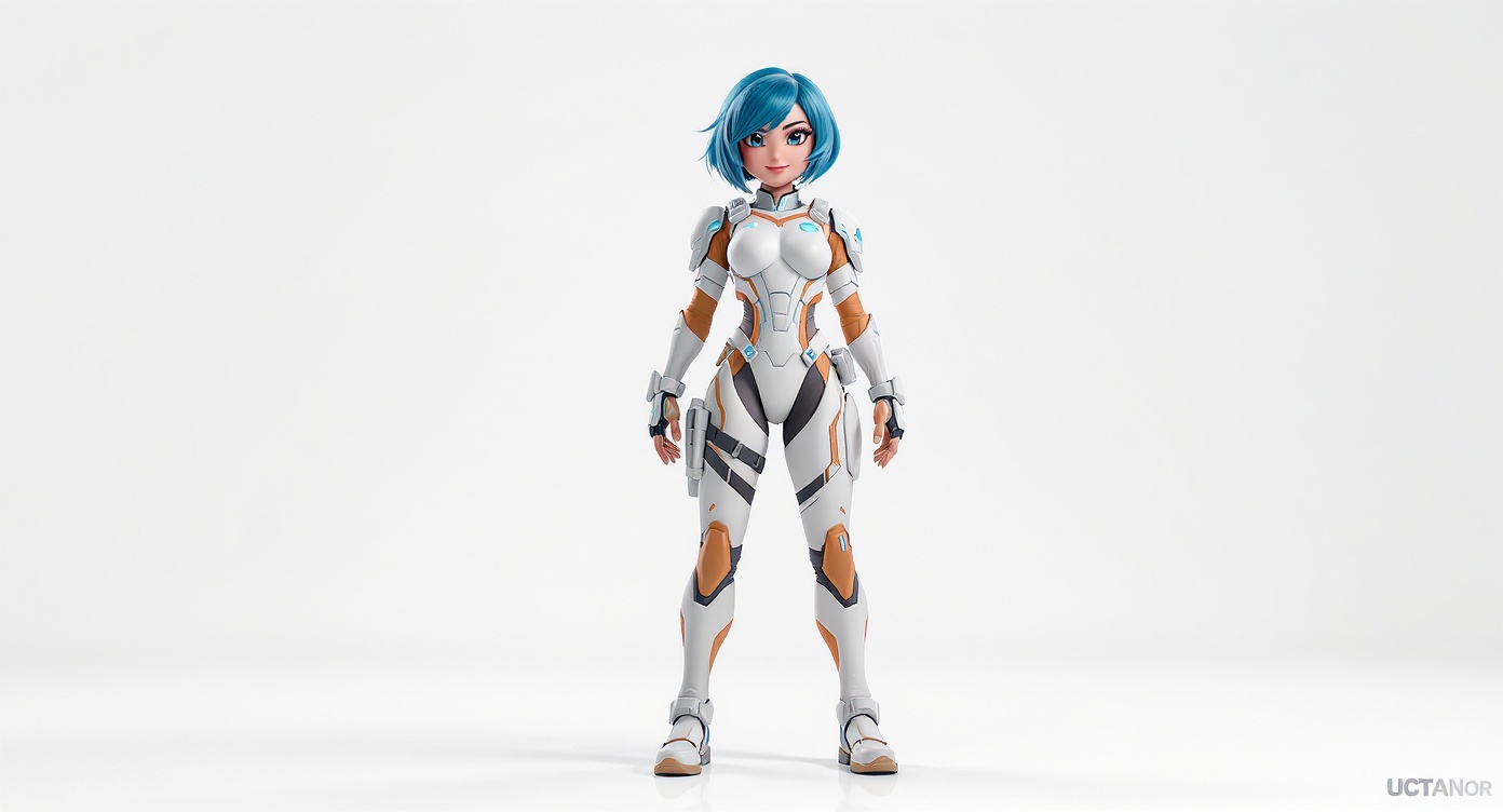 A polished 3D character model of a female sci-fi adventurer with blue hair and a futuristic jumpsuit, posed dynamically against a clean white background.
