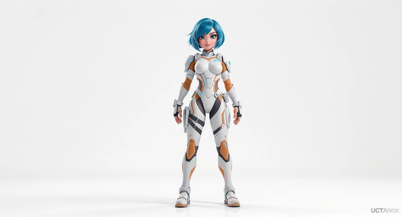 A polished 3D character model of a female sci-fi adventurer with blue hair and a futuristic jumpsuit, posed dynamically against a clean white background.