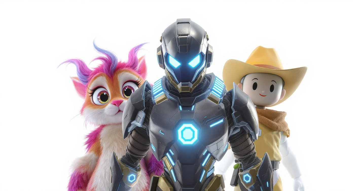 A showcase of three diverse 3D character models against a white background. The models include a colorful fantasy creature, a realistic sci-fi warrior, and a low-poly adventurer, demonstrating different artistic styles in 3D character creation.