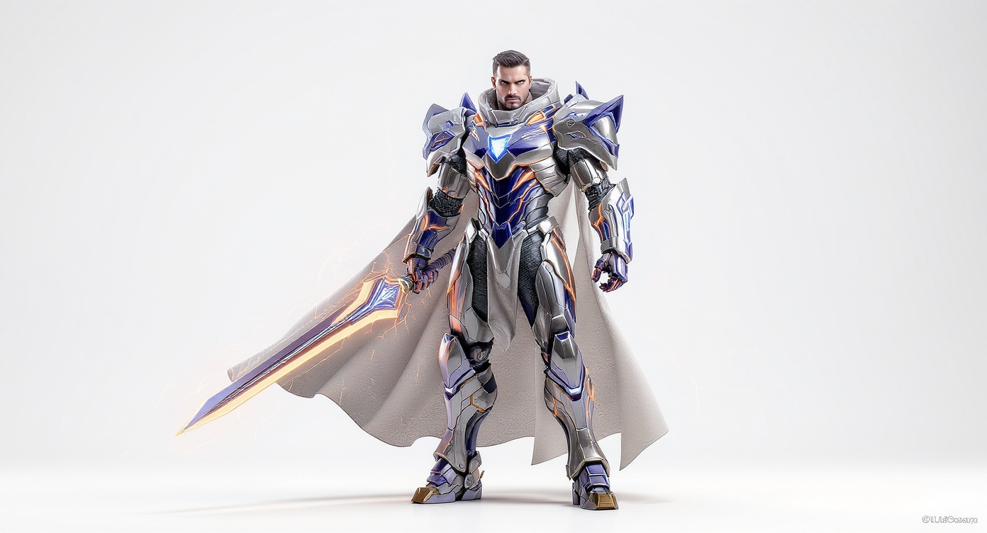 A high-quality 3D render of a stylized male space knight character in futuristic armor, holding a glowing sword against a plain white background.