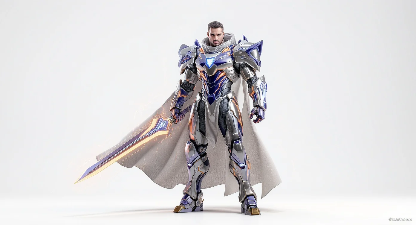 A high-quality 3D render of a stylized male space knight character in futuristic armor, holding a glowing sword against a plain white background.