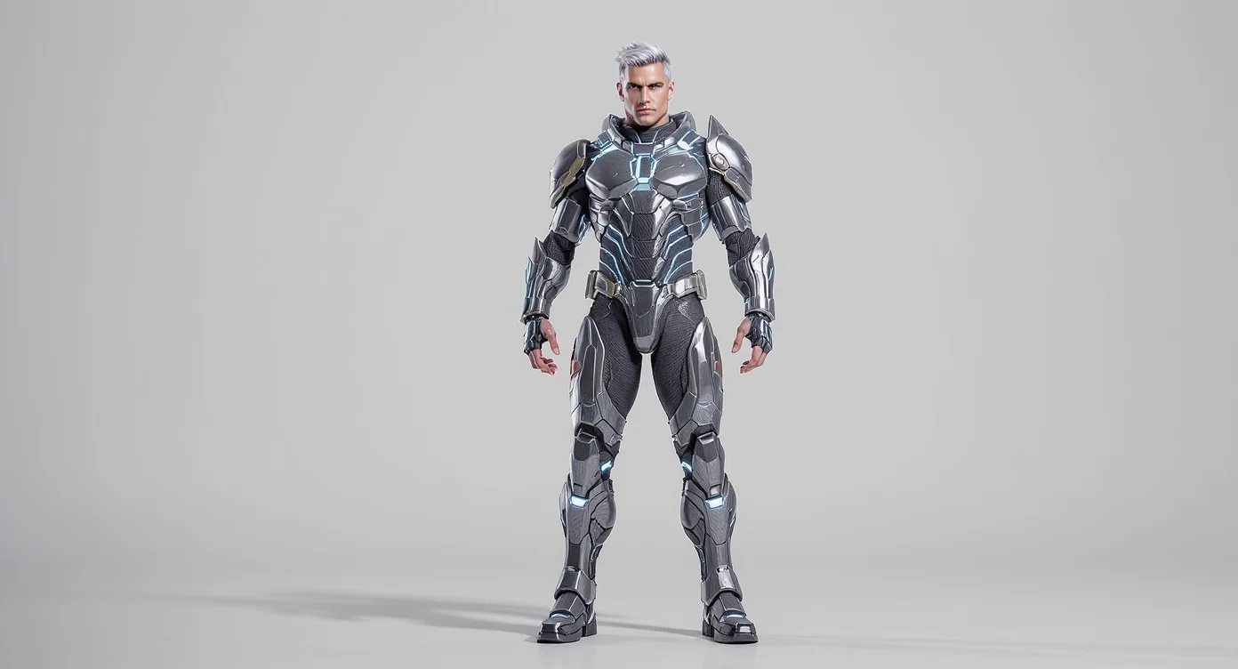 A high-quality 3D render of a futuristic male warrior character in detailed armor, posing heroically against a stark white background.
