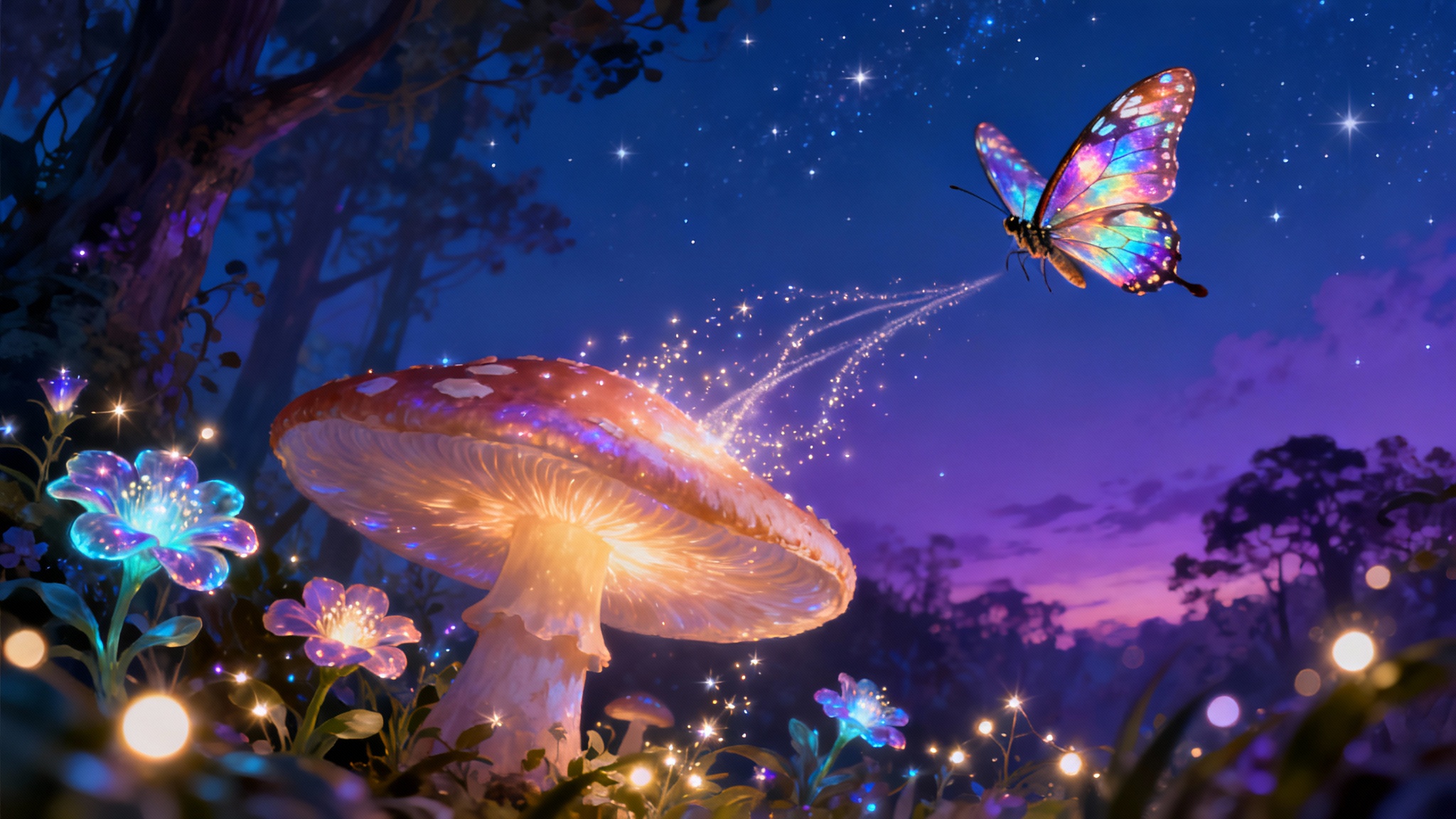 A stunning digital painting showing the final result of a metamorphosis animation: a magnificent, vibrant butterfly taking flight from a glowing mushroom in an enchanted forest at twilight.