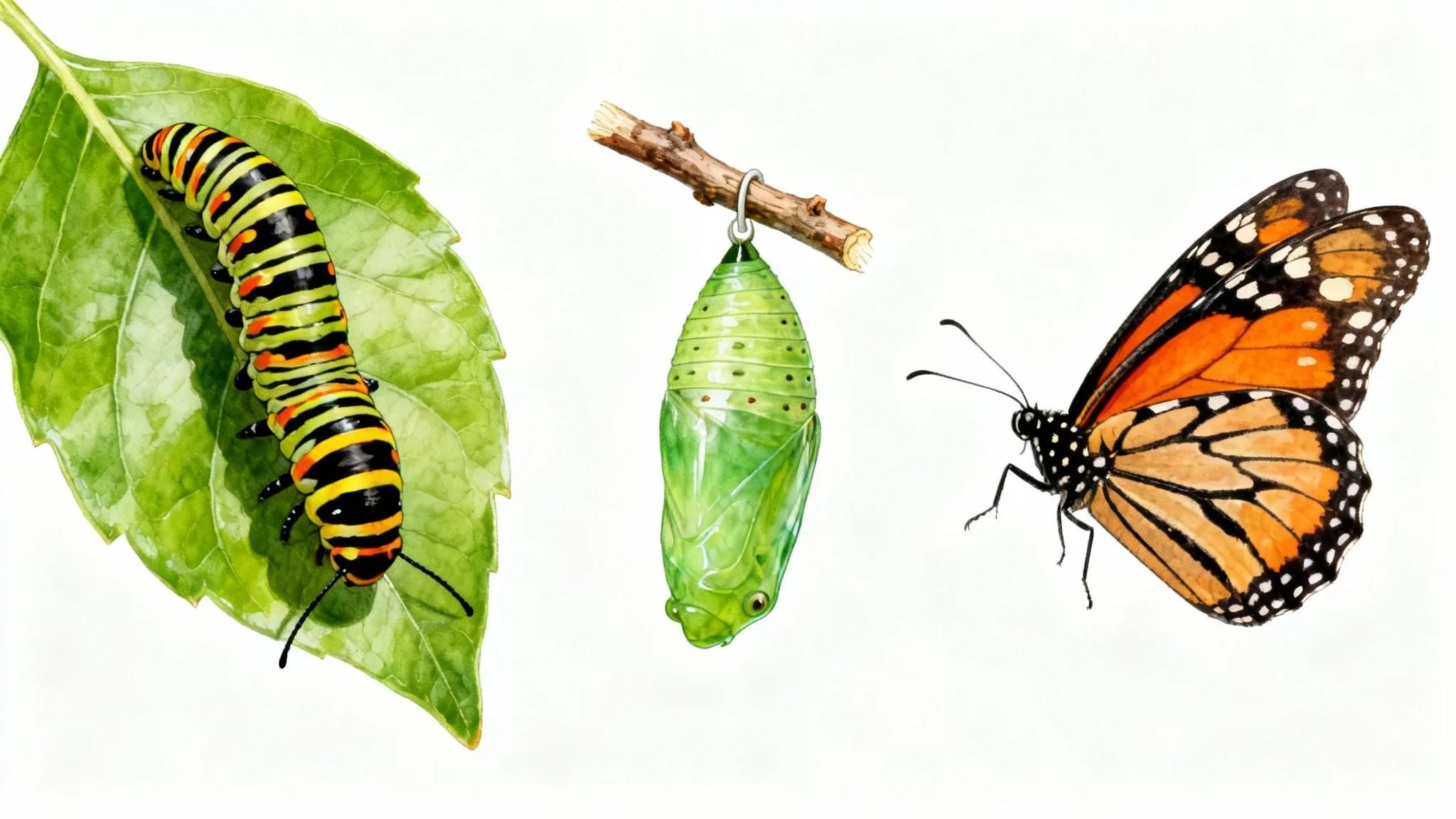 An illustration of the three stages of a butterfly's metamorphosis: a caterpillar on a leaf, a chrysalis, and a fully-formed butterfly, arranged in a sequence on a white background.