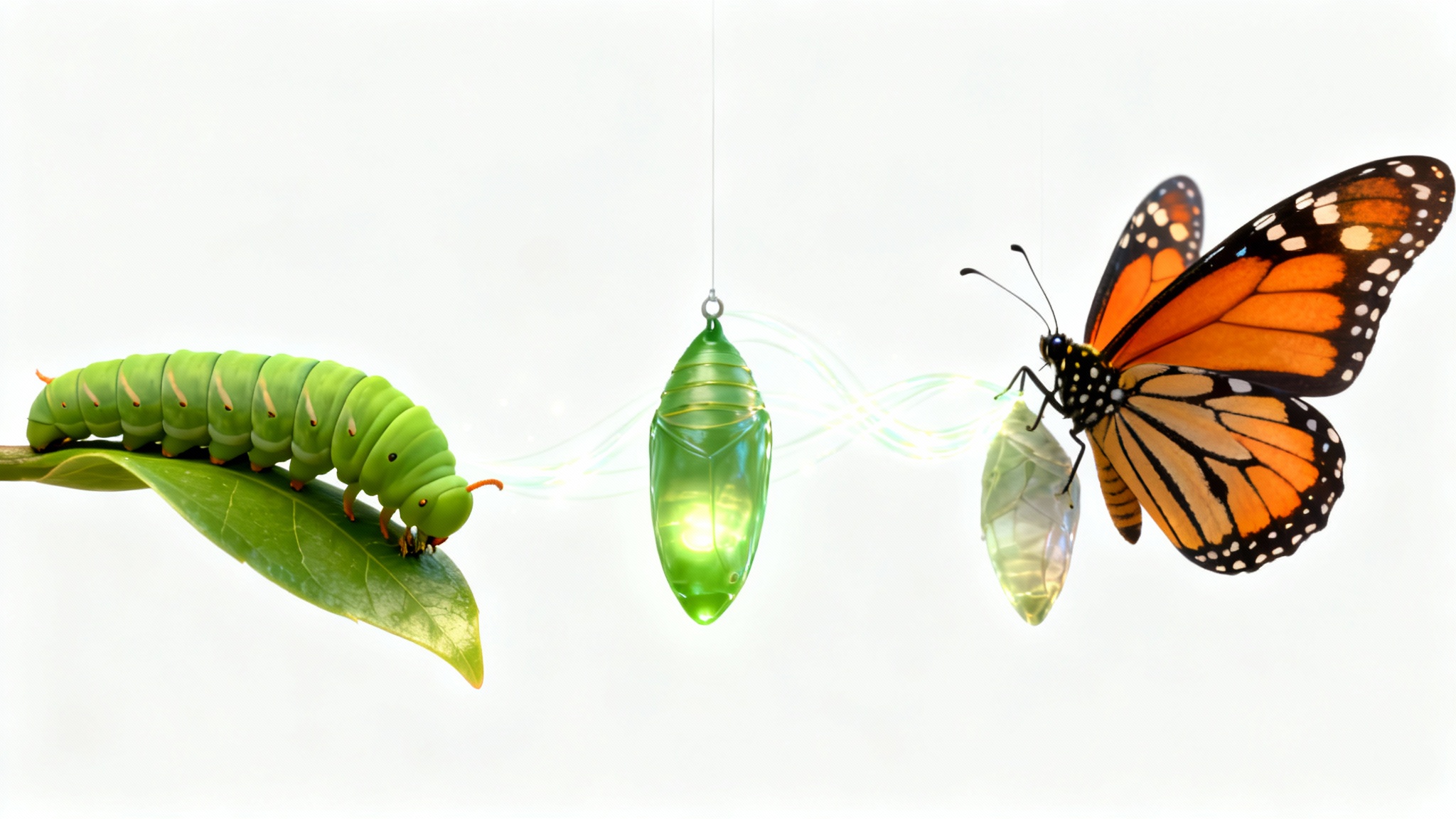 A 3D animated sequence showing the metamorphosis of a caterpillar into a butterfly. It displays a caterpillar, a chrysalis, and a fully formed butterfly against a clean white background.