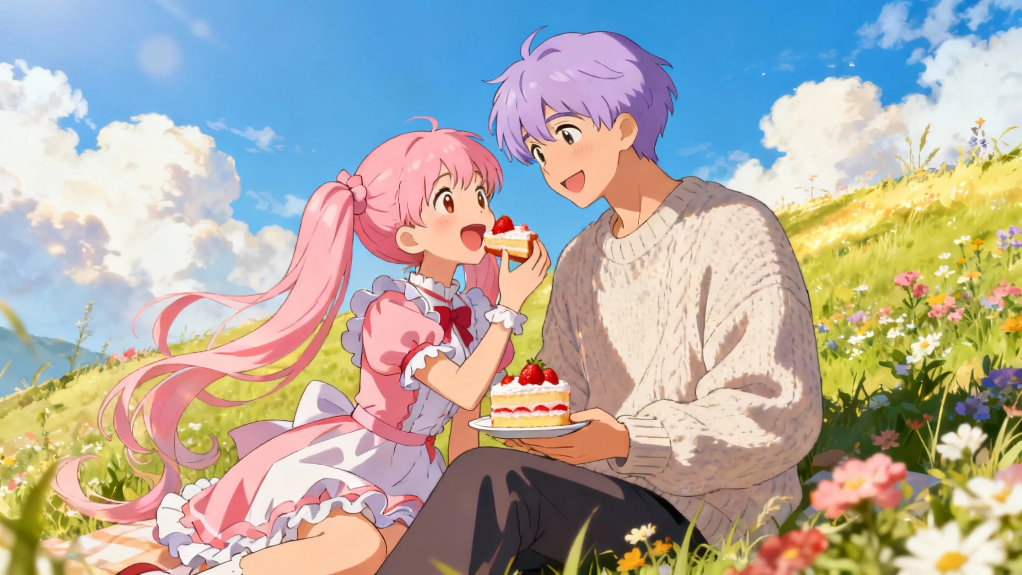 A beautifully rendered anime illustration of a cute couple on a grassy hill. A girl with pink hair is feeding cake to her partner with lavender hair, both smiling happily under a bright blue sky.